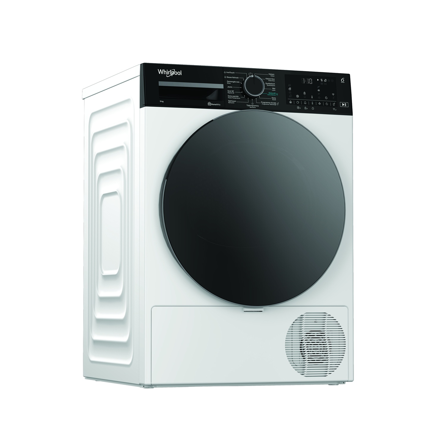 Un sèche-linge Whirlpool blanc avec une porte noire. Il possède un panneau de commande avec des boutons et un écran affichant les réglages.