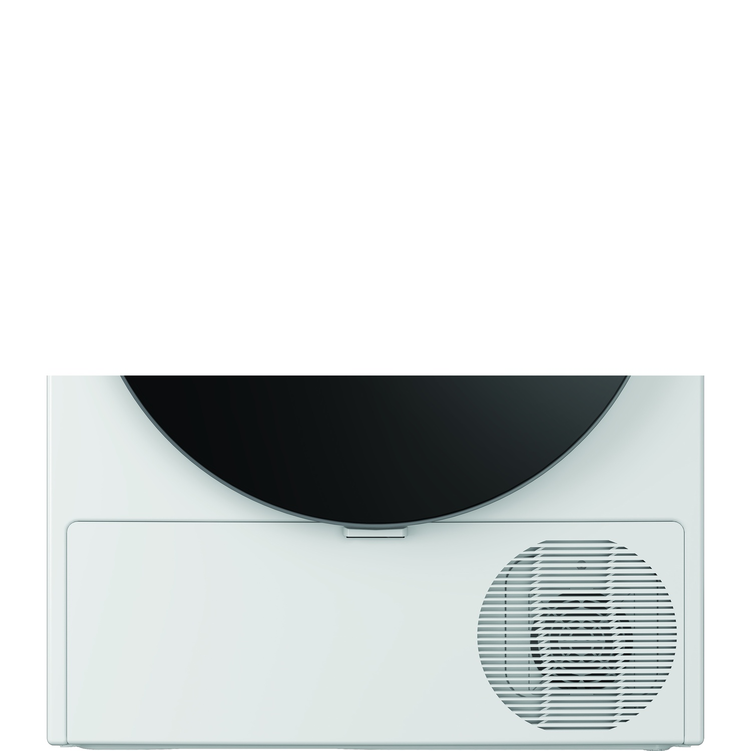 Un appareil blanc avec un dessus noir et incurvé et un ventilateur circulaire. L'appareil a une forme rectangulaire.