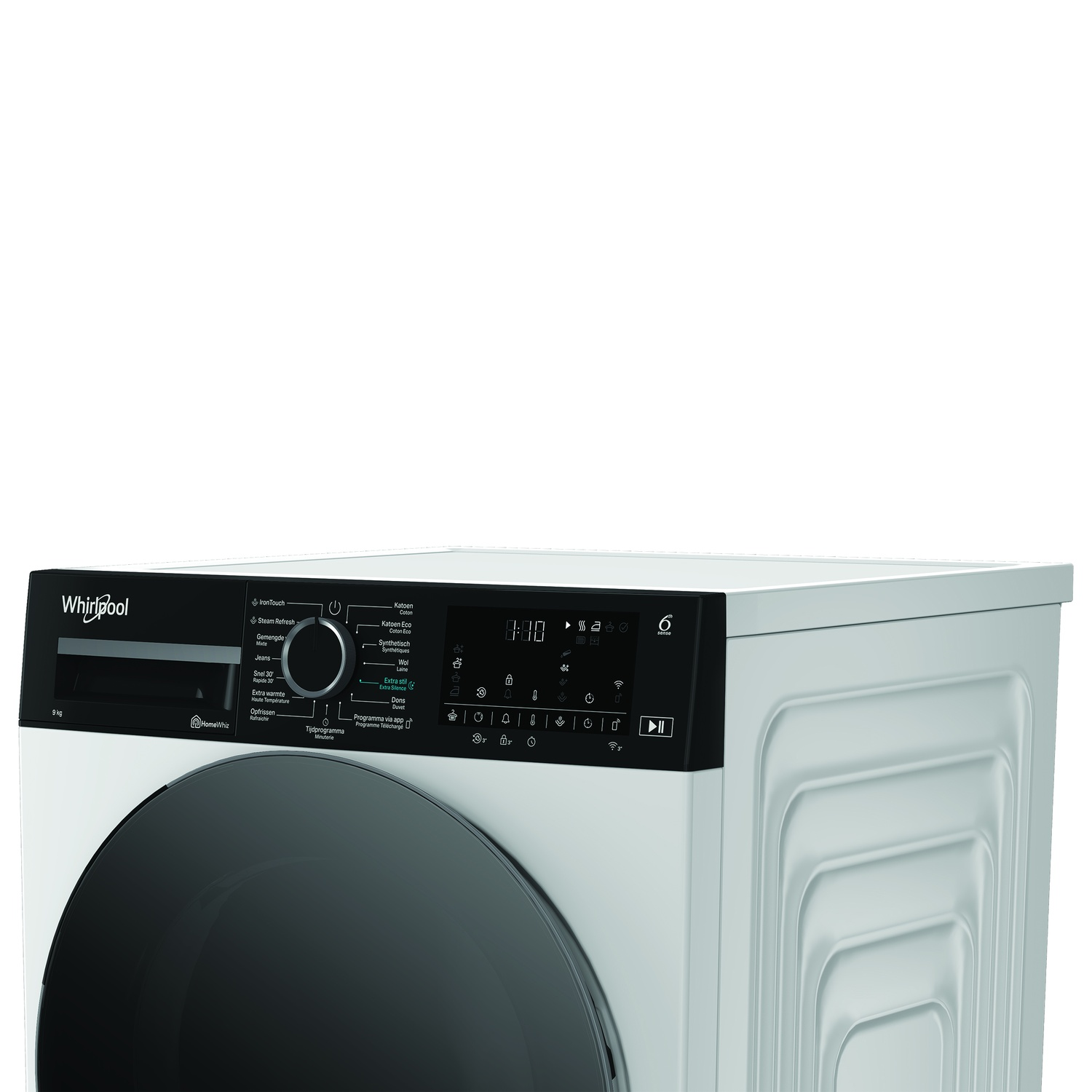 Un lave-linge Whirlpool blanc. L'avant a une porte noire et un panneau de commande avec des boutons et un affichage numérique.