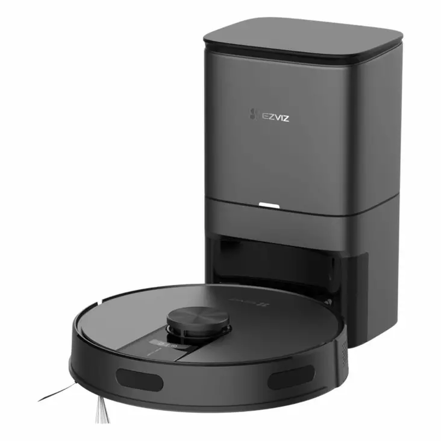 A black robot vacuum cleaner next to a black charging station. The vacuum is round, and the station is rectangular.