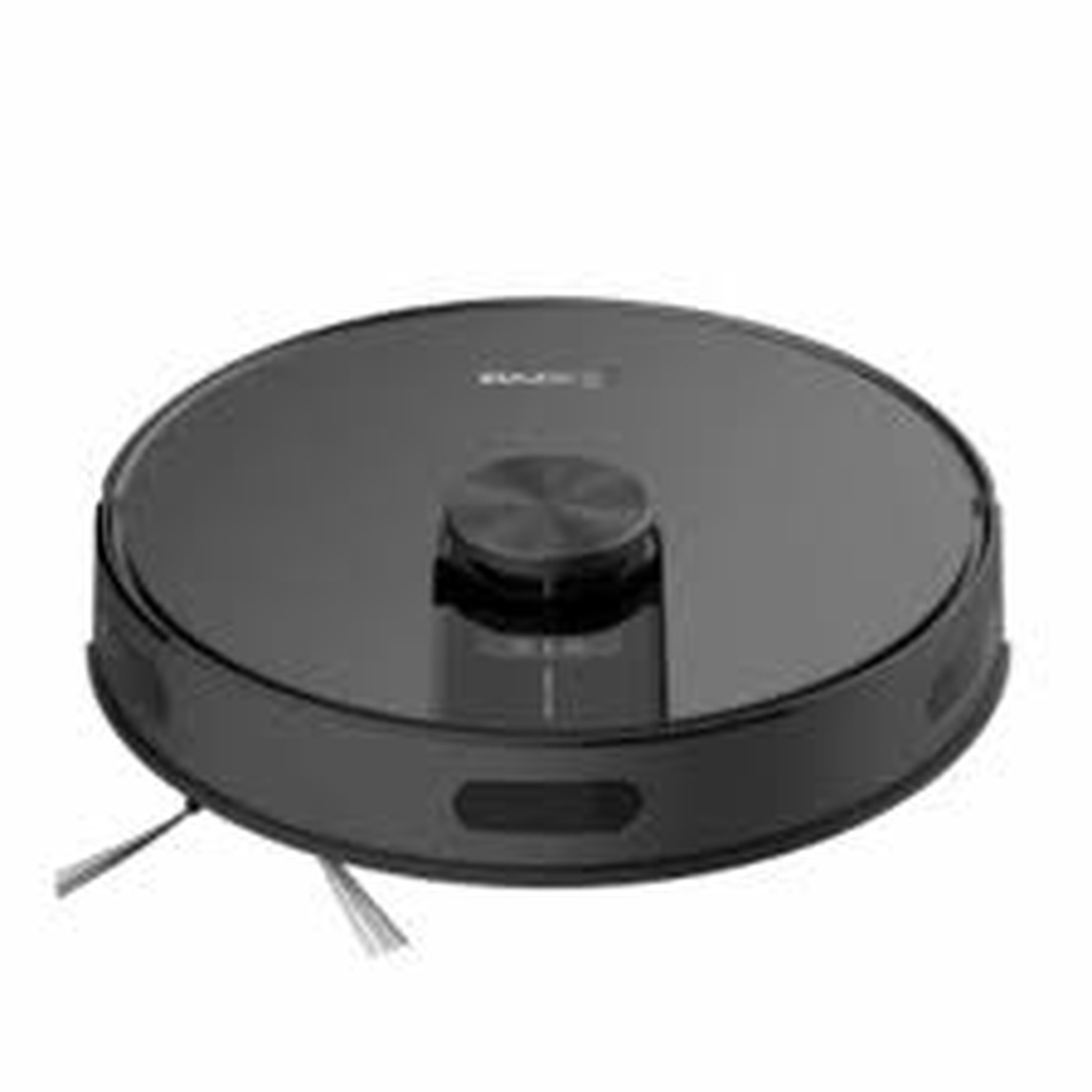 A black, round robot vacuum cleaner. It has a central control knob and side brushes, set against a white background.