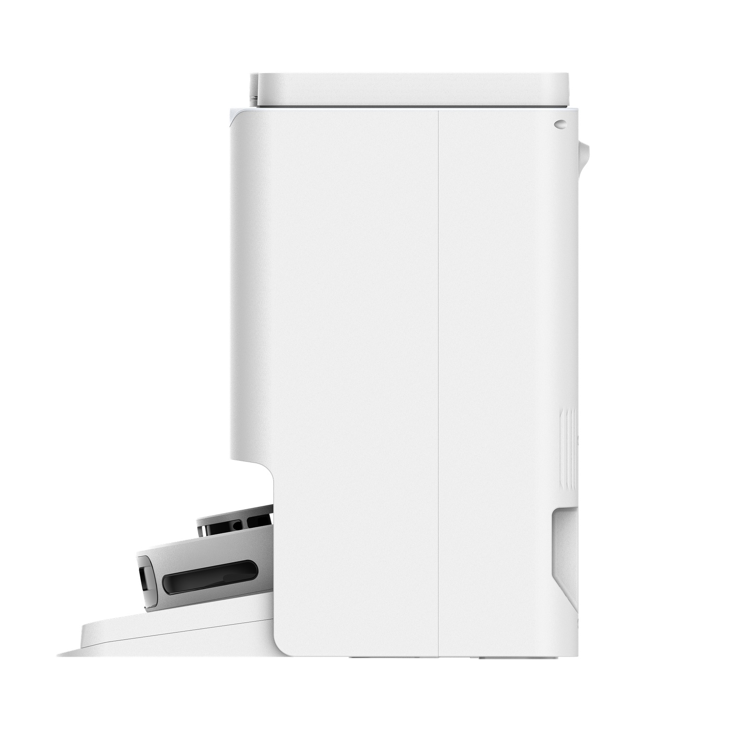 Un aspirateur robot blanc vu de côté. Il a un design en forme de boîte avec une petite section gris foncé en bas.