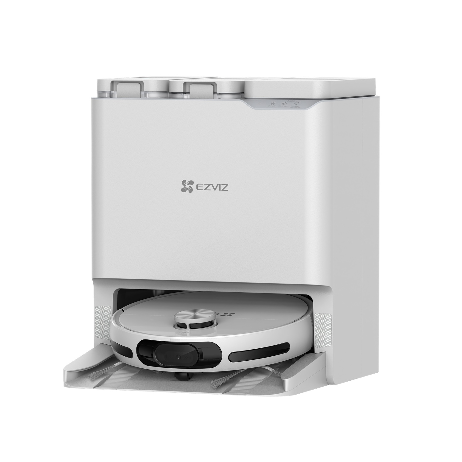 Un aspirateur robot EZVIZ blanc et une station de charge. L'aspirateur est rond et ancré dans la station, qui a un design rectangulaire.