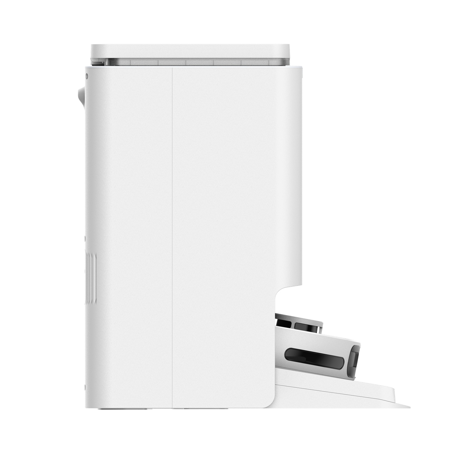 Un aspirateur robot blanc et rectangulaire. Il a un dessus, un côté et une partie inférieure avec une ouverture. Le design est moderne et minimaliste.