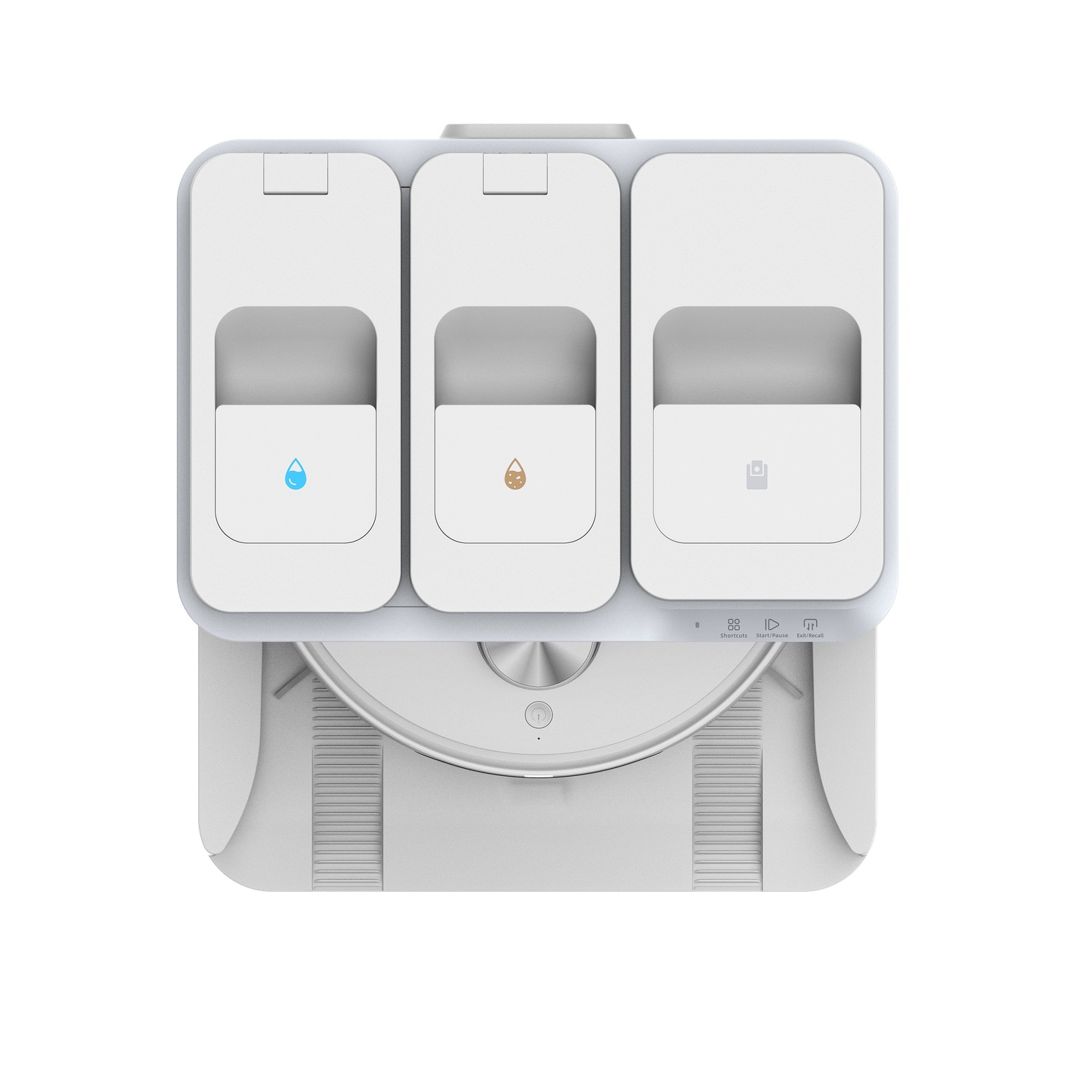 Robot aspirateur blanc avec trois compartiments et icônes d'eau, saleté et caméra. Boutons raccourcis, démarrer/pause et retour.