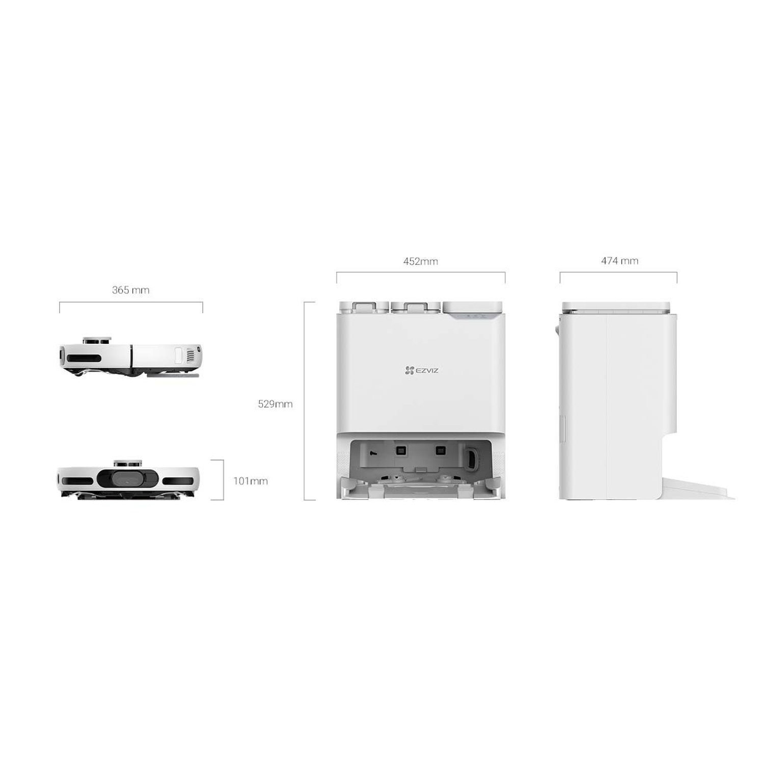 Trois appareils blancs sur fond blanc. Un robot aspirateur, une station de charge et une station de nettoyage plus grande.