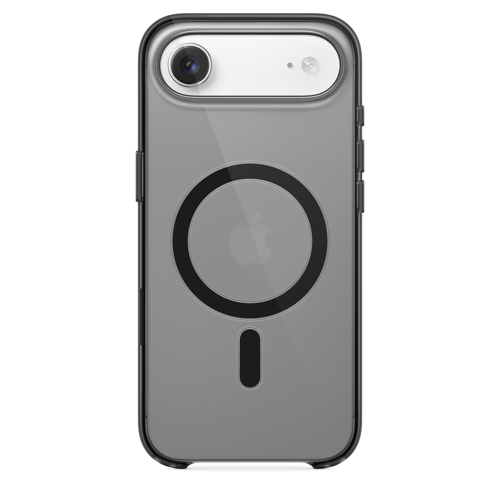 Átlátszó iPhone tok fekete szegéllyel. Kamerakivágások, MagSafe gyűrű és az Apple logója látható.