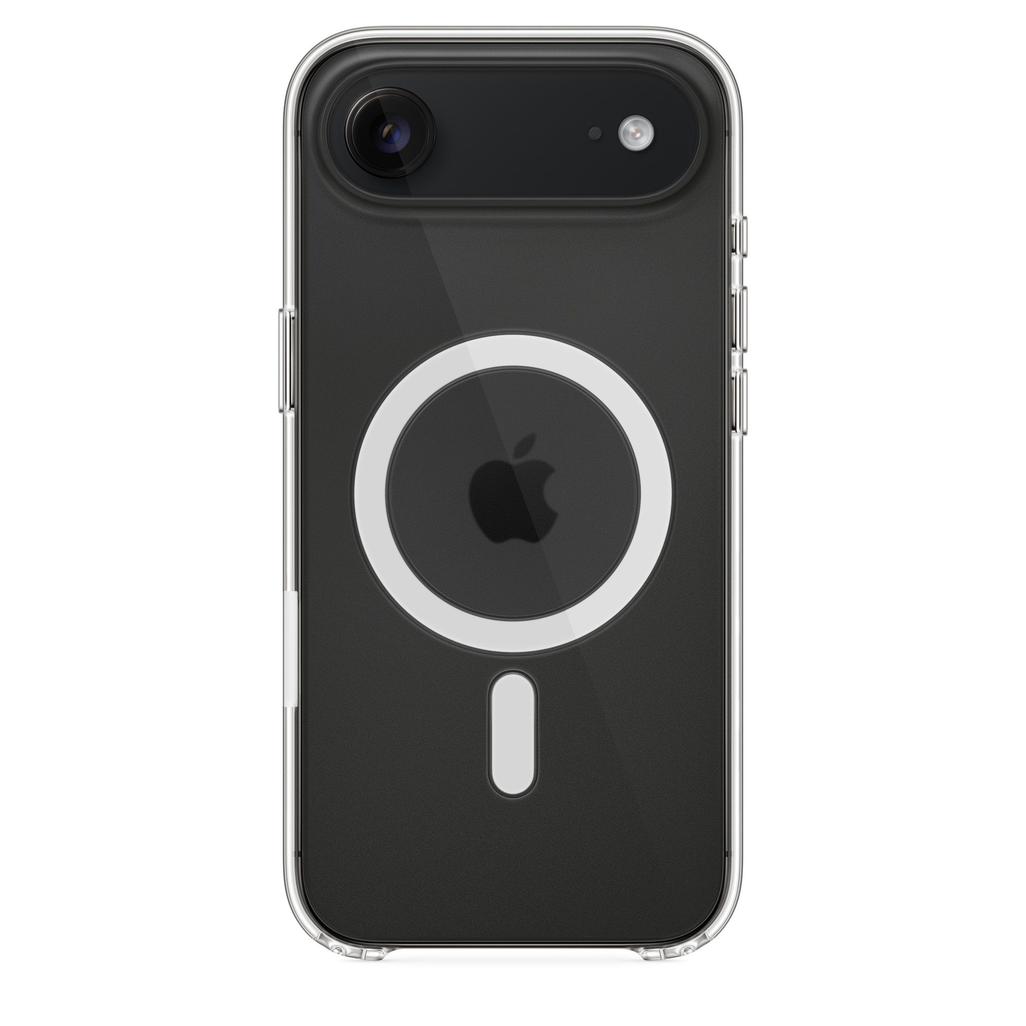 Átlátszó iPhone tok fekete belsővel, kamerával és MagSafe körrel, Apple logóval. Fehér háttér.