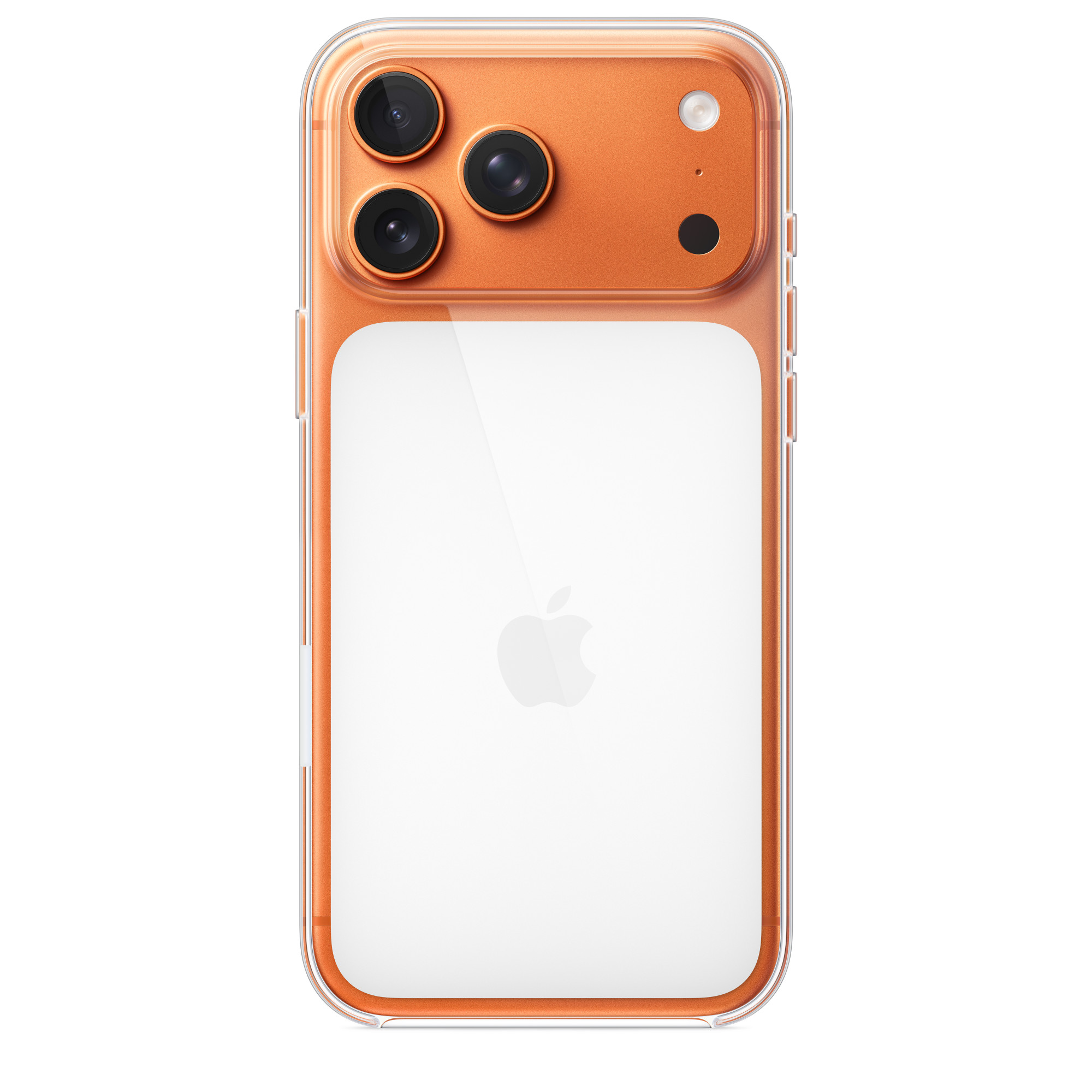 Narancssárga okostelefon hátlapja kamerakészlettel és Apple logóval. Átlátszó tok. Fehér háttér.