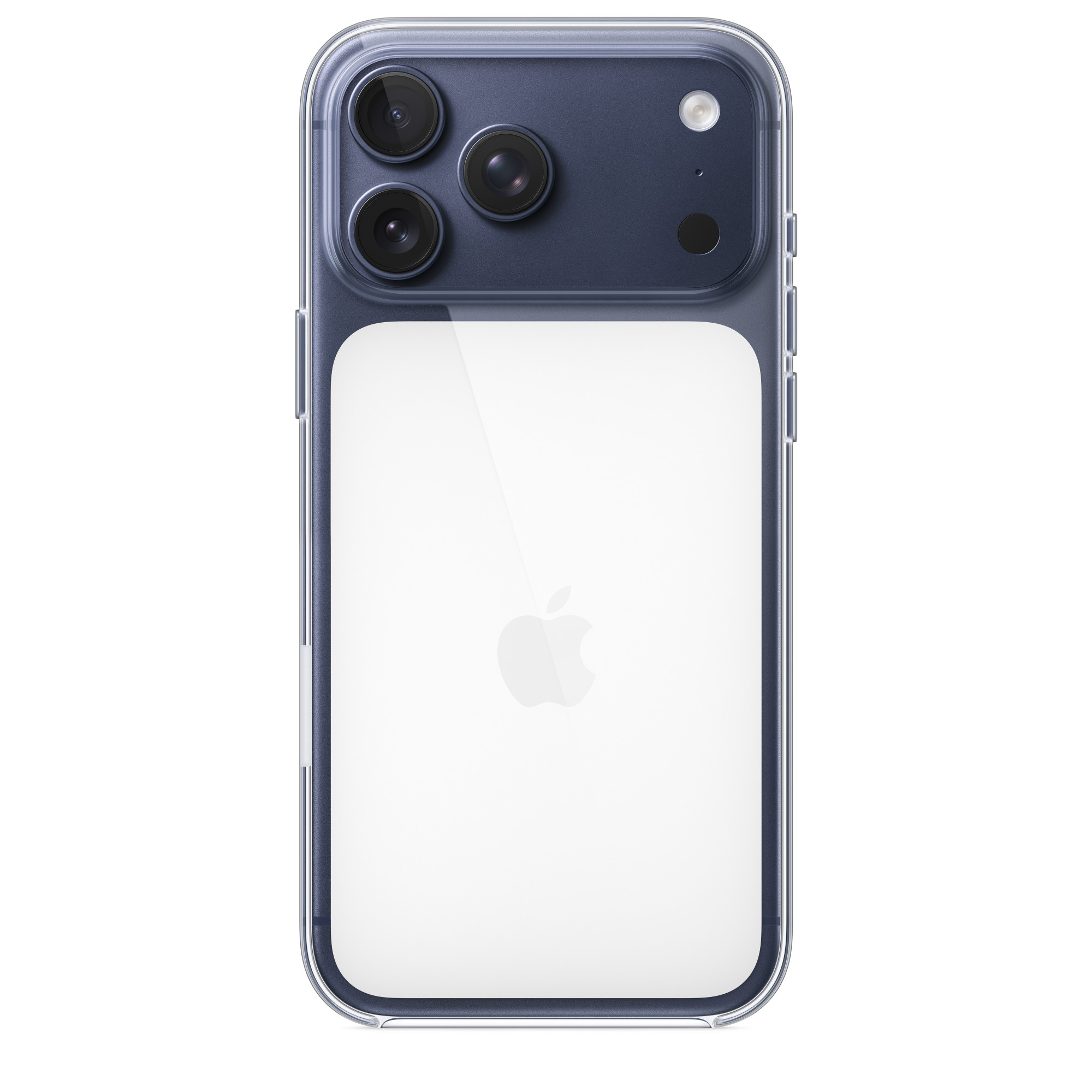 Egy iPhone hátulnézete átlátszó tokban. A telefonon három kamera, egy vaku és az Apple logója látható.