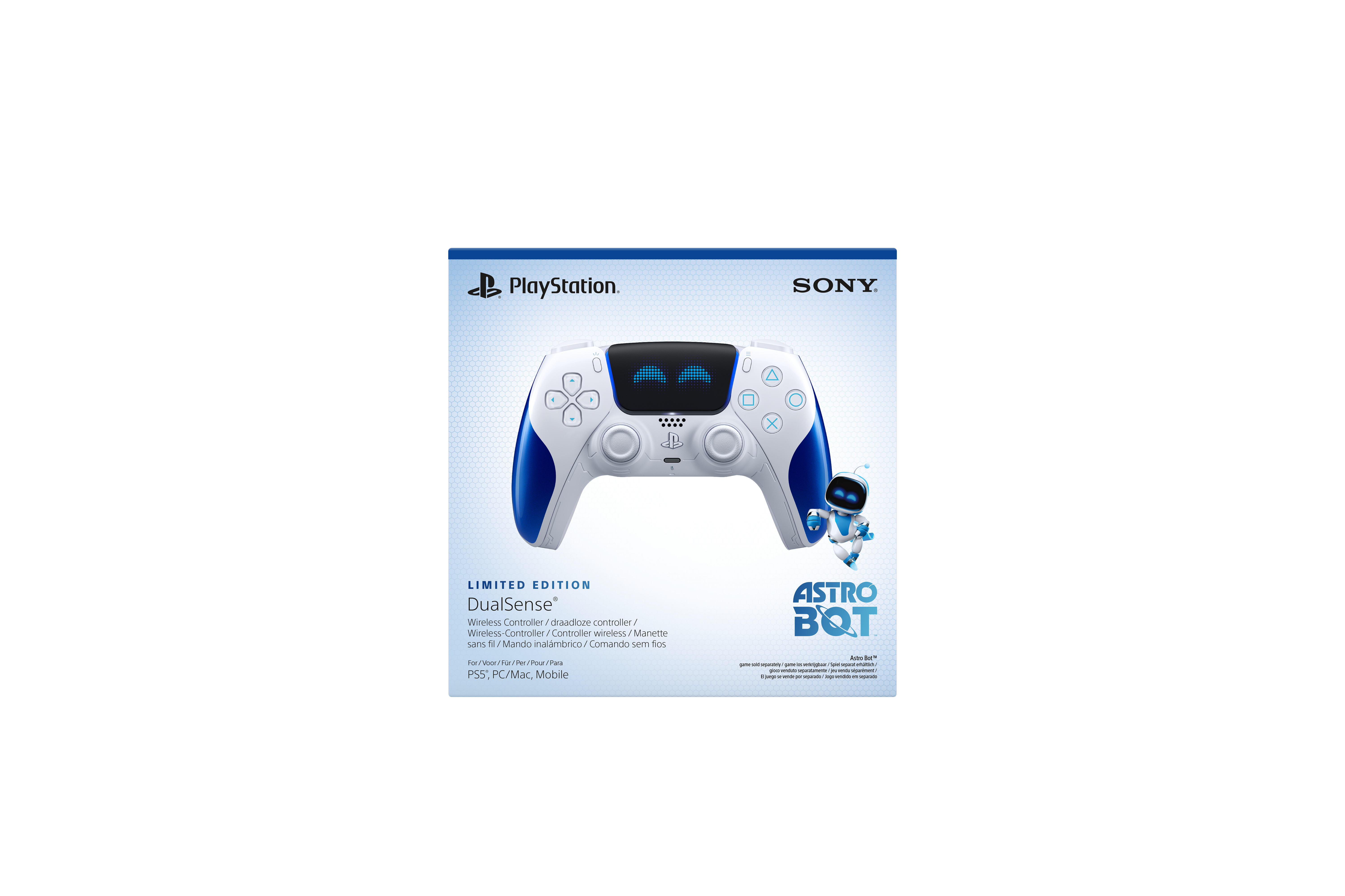 Ein weiß-blauer PlayStation DualSense-Controller mit der Astro Bot-Figur. Der Hintergrund ist weiß.