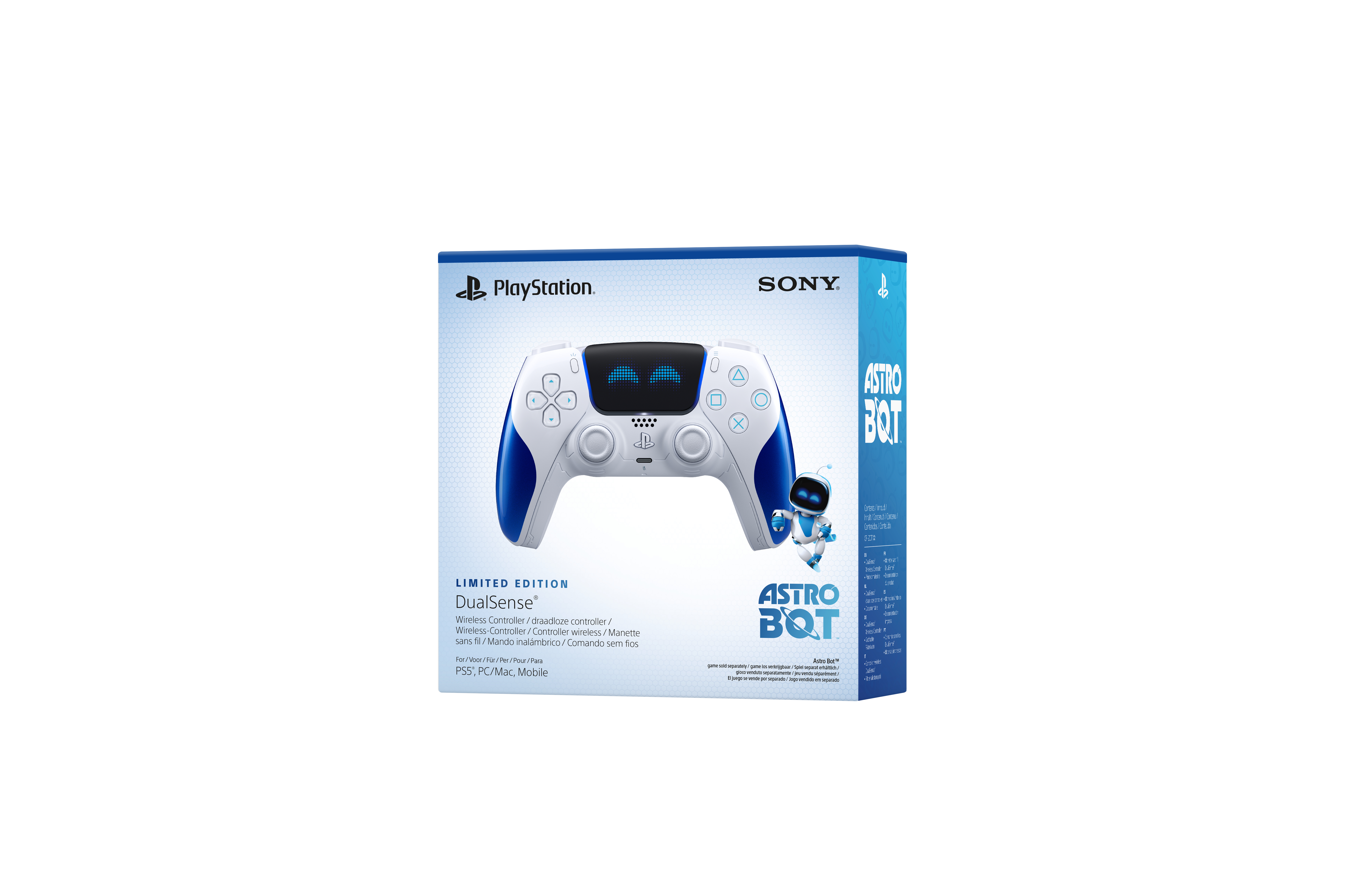 Schachtel mit weiß-blauem PlayStation DualSense Controller, Astro Bot Spiel und Sony Logo.