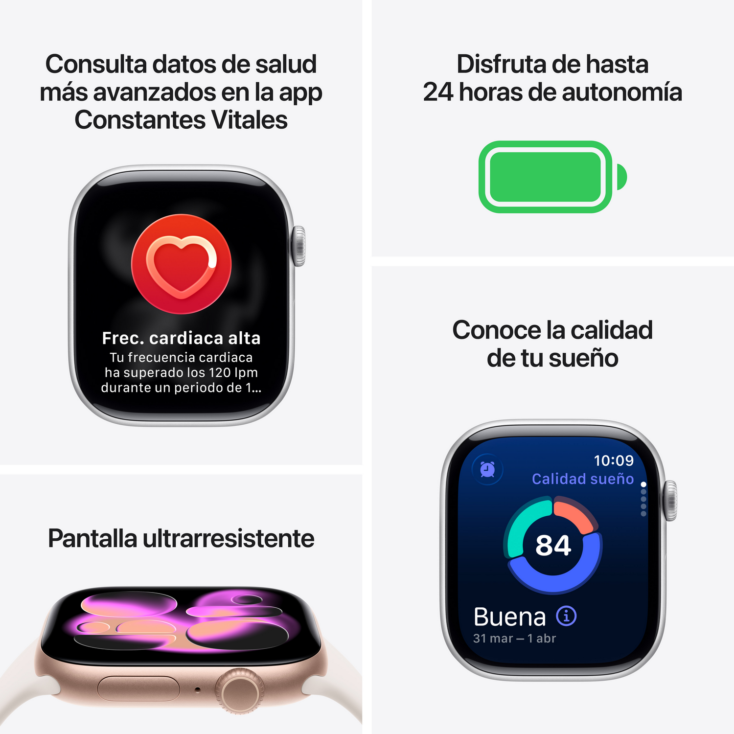 Un Apple Watch muestra datos de salud, duración de la batería, calidad del sueño y durabilidad de la pantalla. Muestra la frecuencia cardíaca, la batería y las métricas de sueño.