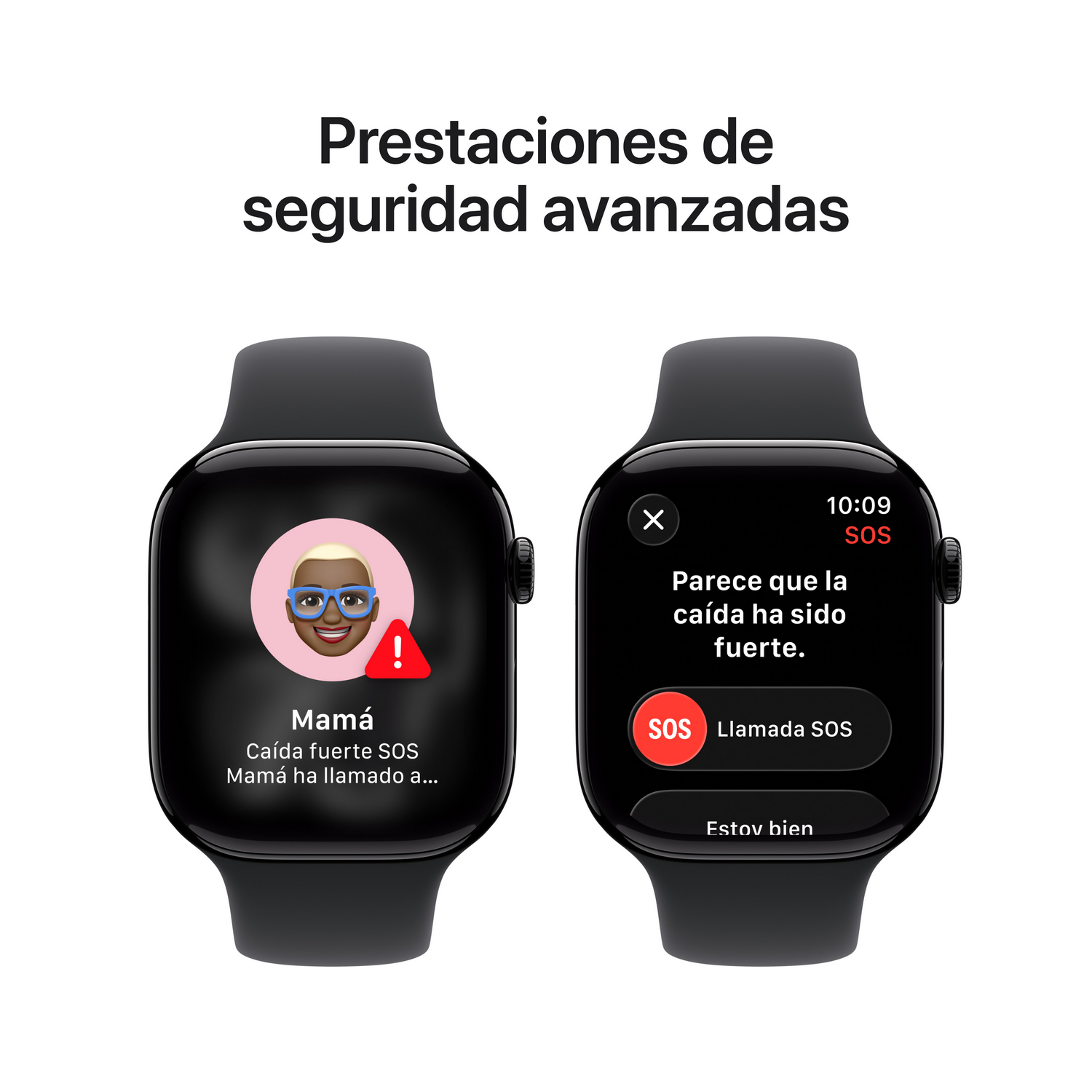 Dos smartwatches mostrando alertas. Uno muestra una alerta de caída de 'Mamá', el otro pregunta si la caída fue fuerte, con llamada SOS.