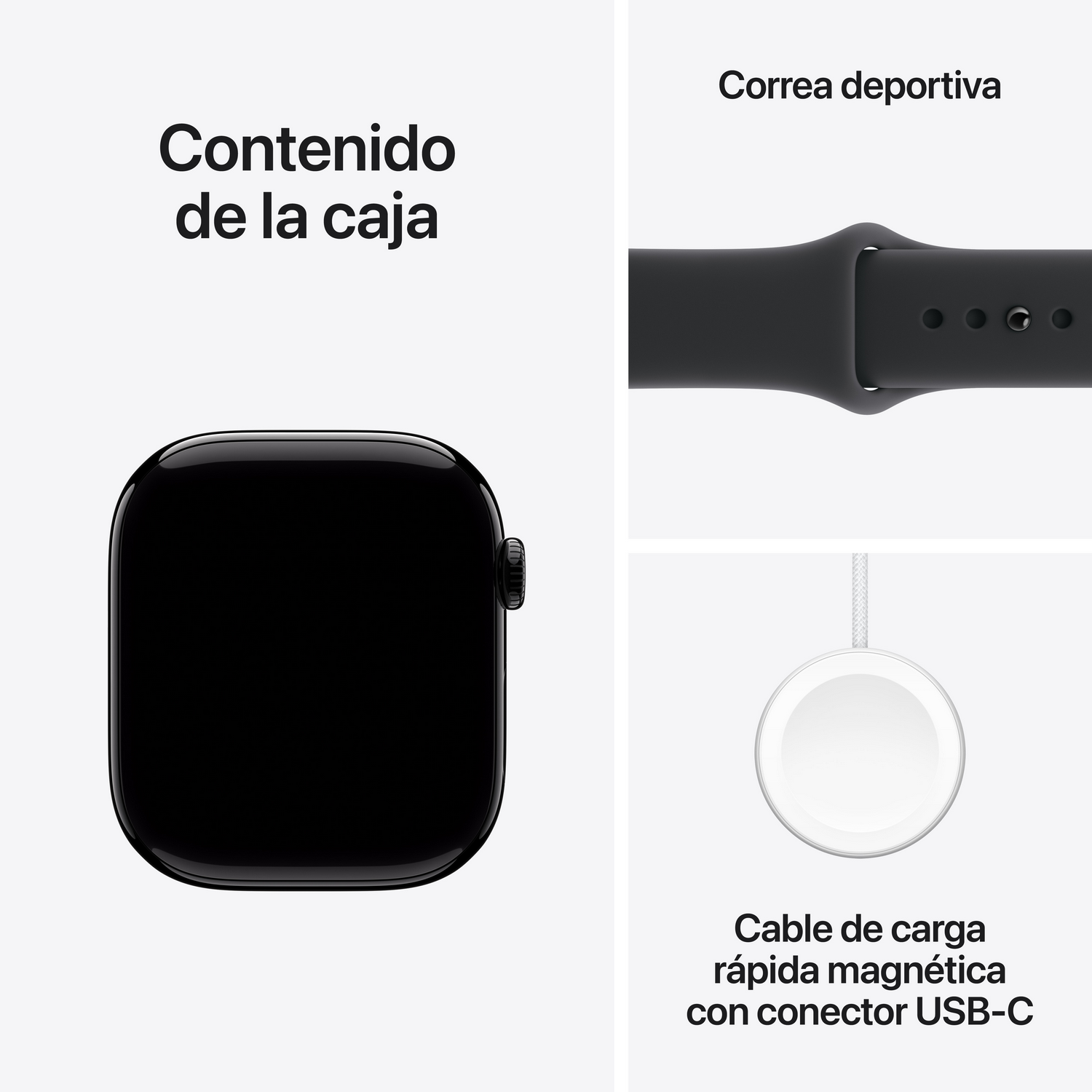 Un Apple Watch con pantalla negra, correa deportiva negra y cable USB-C de carga rápida magnética blanco.