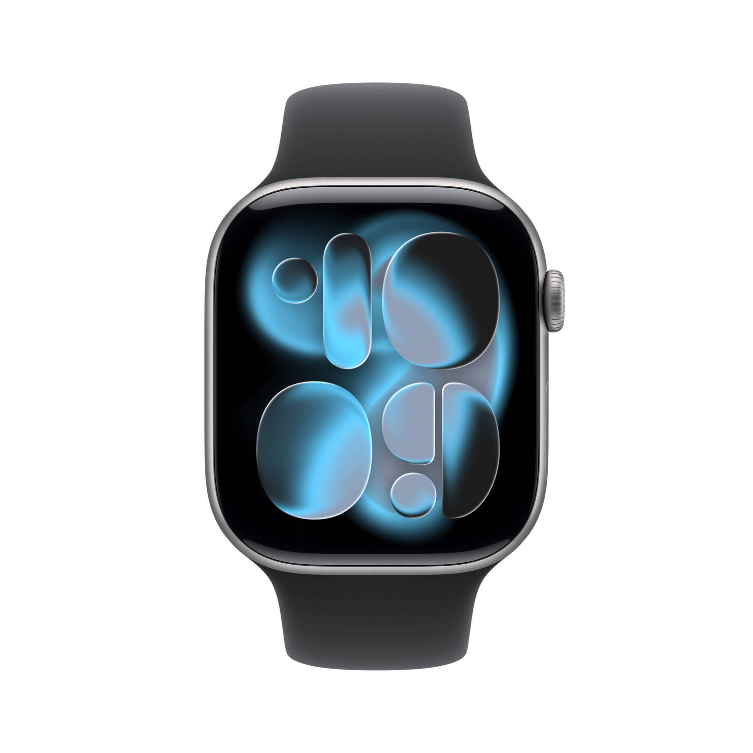 Un Apple Watch negro. La pantalla muestra un degradado azul y negro con la hora. El reloj está sobre un fondo blanco.