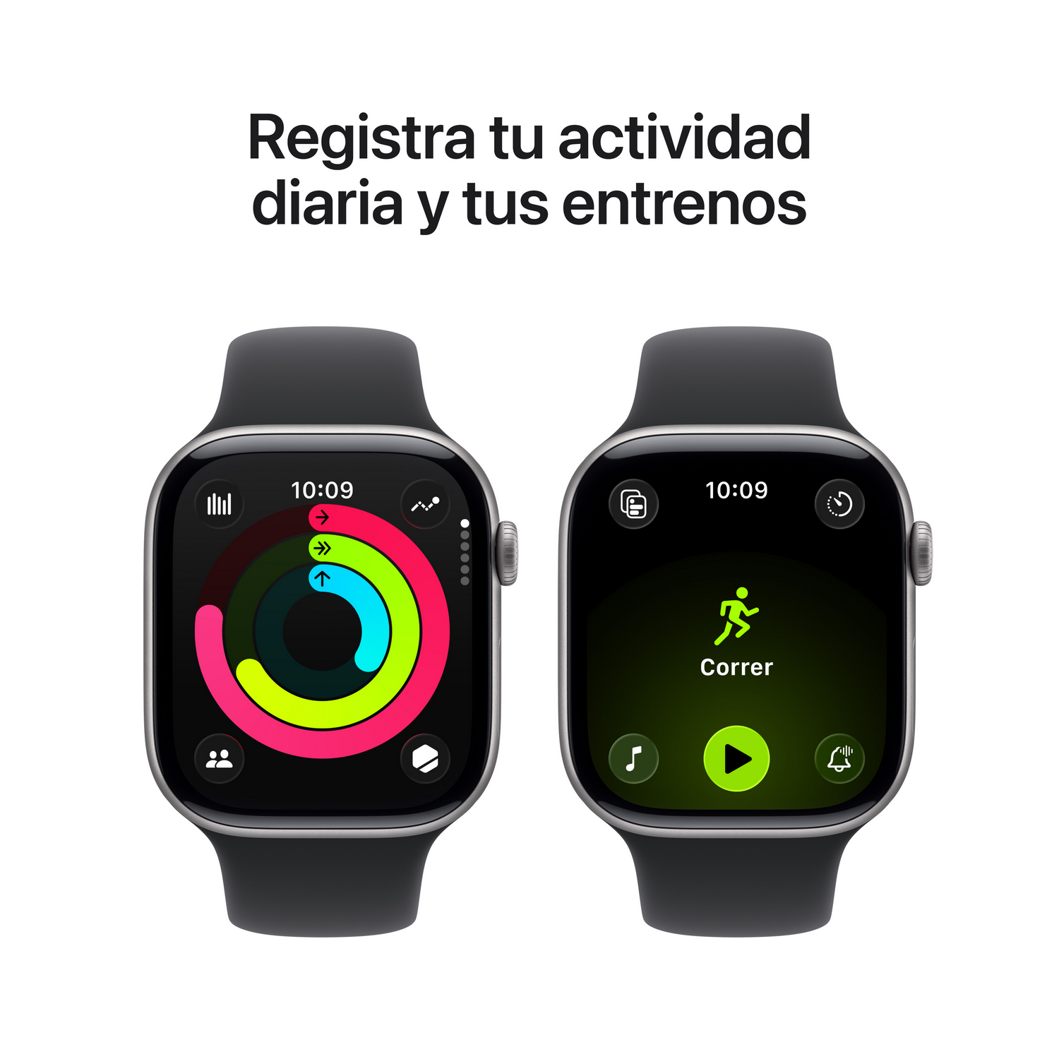 Dos relojes inteligentes mostrando datos de actividad y la app de correr. El texto superior dice: 'Registra tu actividad diaria y tus entrenos'.