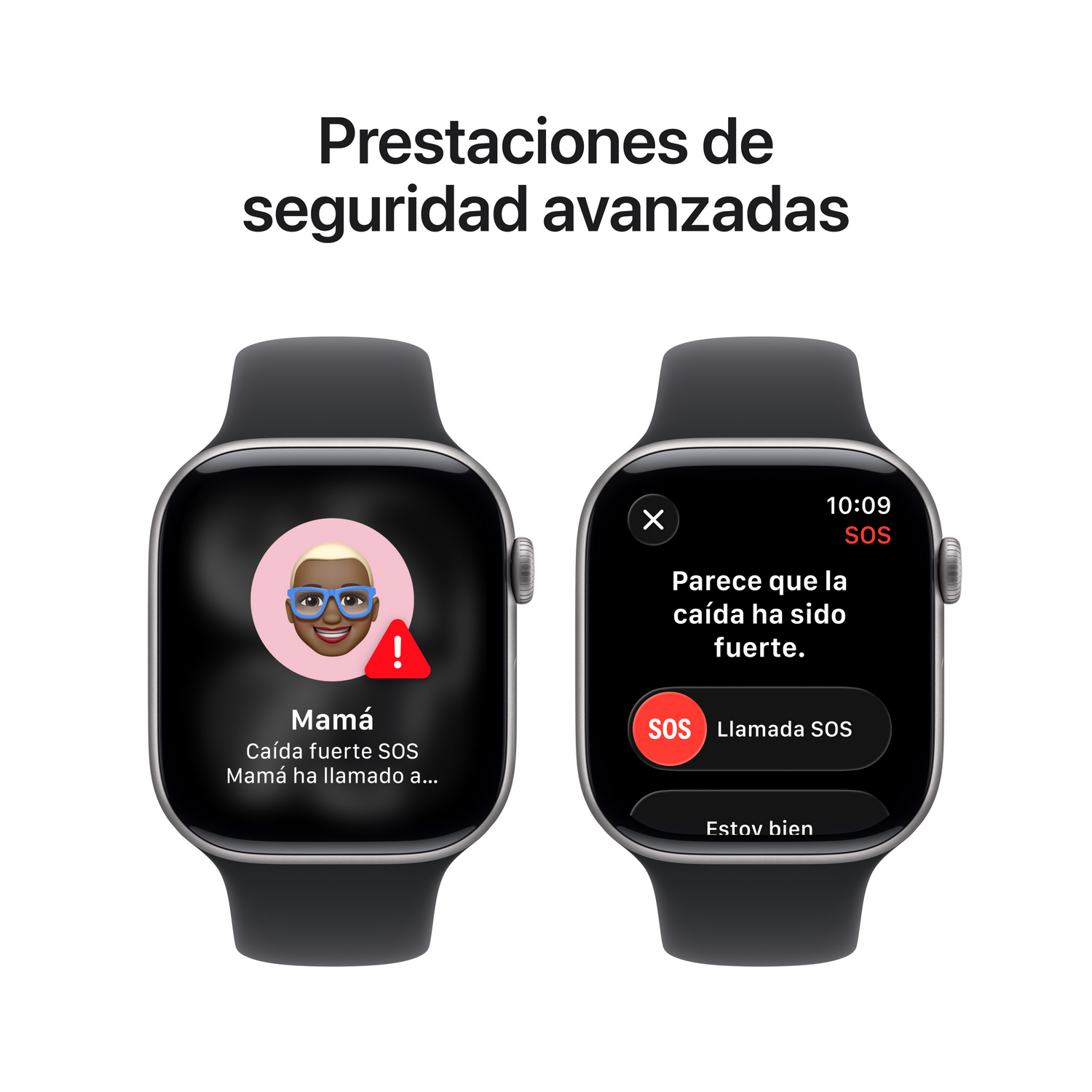 Dos smartwatches mostrando funciones de detección de caídas. Uno muestra un contacto y alerta, el otro una opción de llamada SOS.