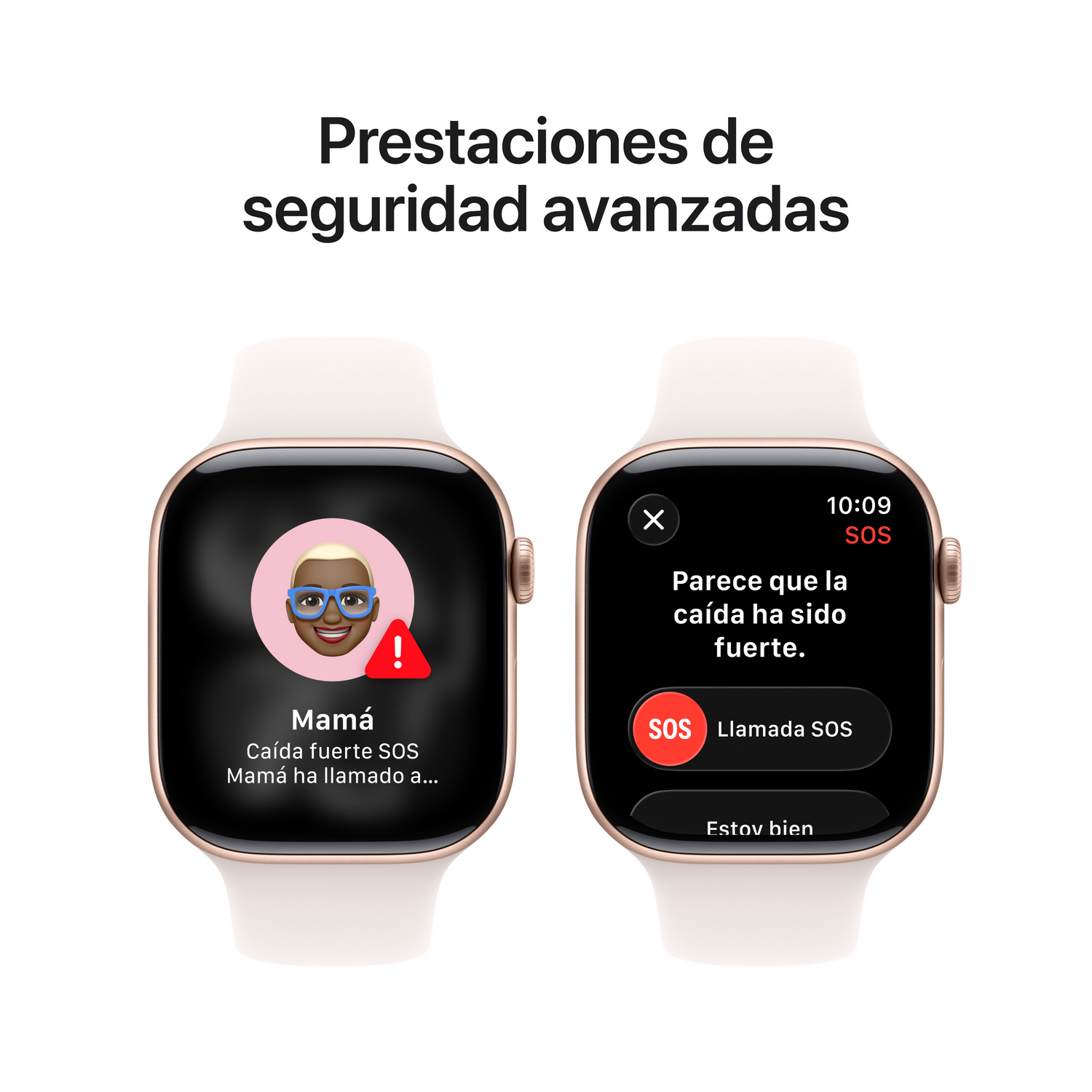 Dos Apple Watch muestran funciones de seguridad avanzadas. Uno muestra alerta SOS con detección de caídas, el otro llama para pedir ayuda.