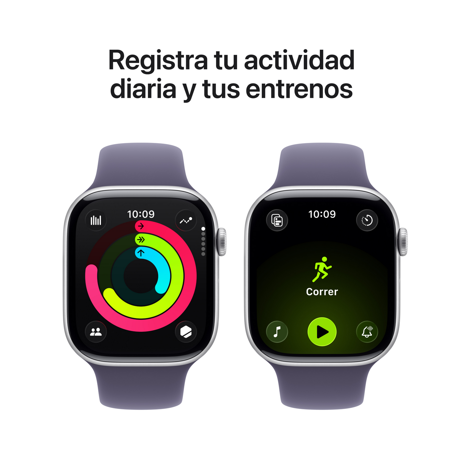 Dos smartwatches. Uno muestra anillos de actividad, el otro la interfaz de la aplicación de correr. Ambos tienen correas moradas y pantallas negras. Texto: Registra tu actividad.