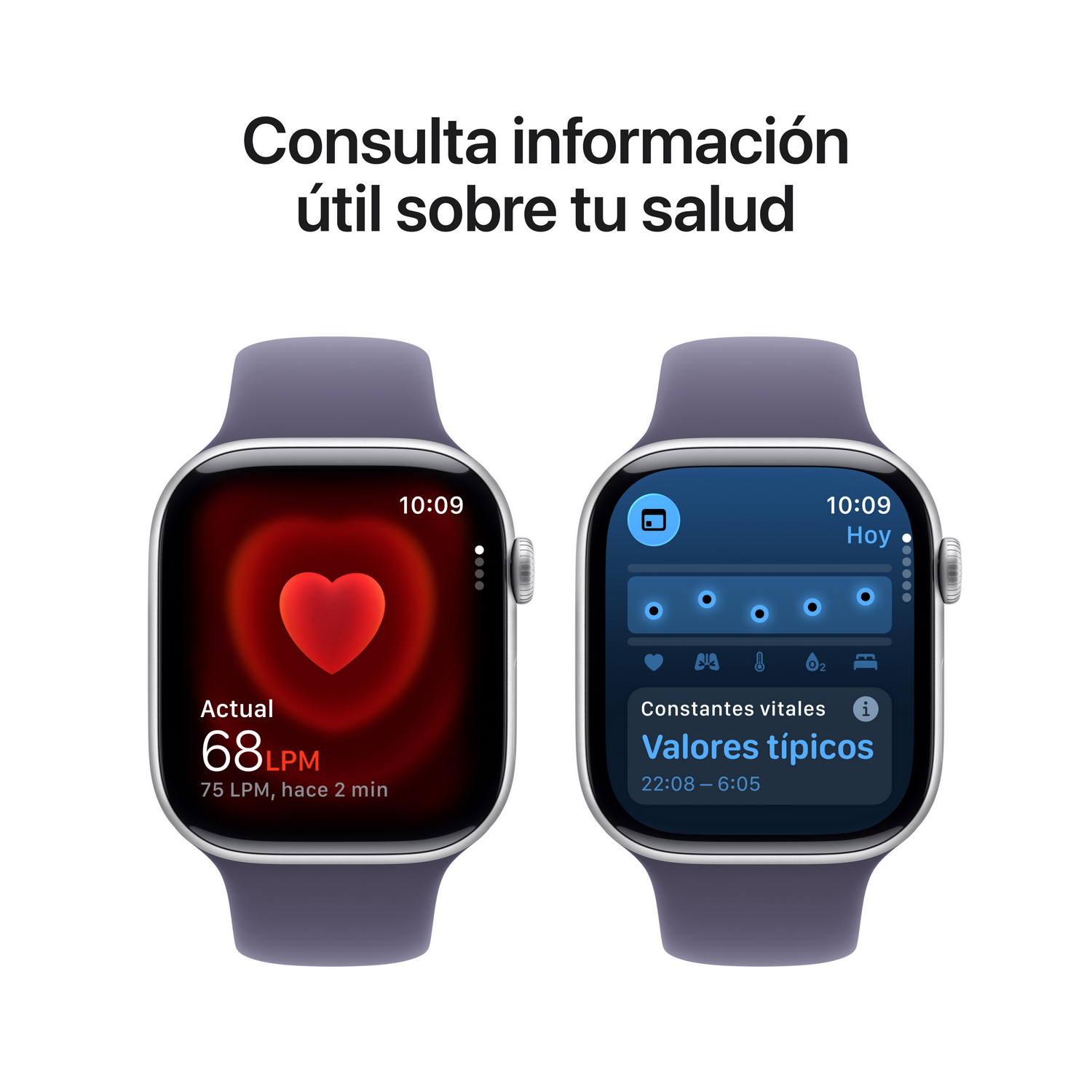 Dos smartwatches muestran datos de salud. Uno muestra la frecuencia cardíaca como 68LPM, el otro signos vitales y valores típicos.