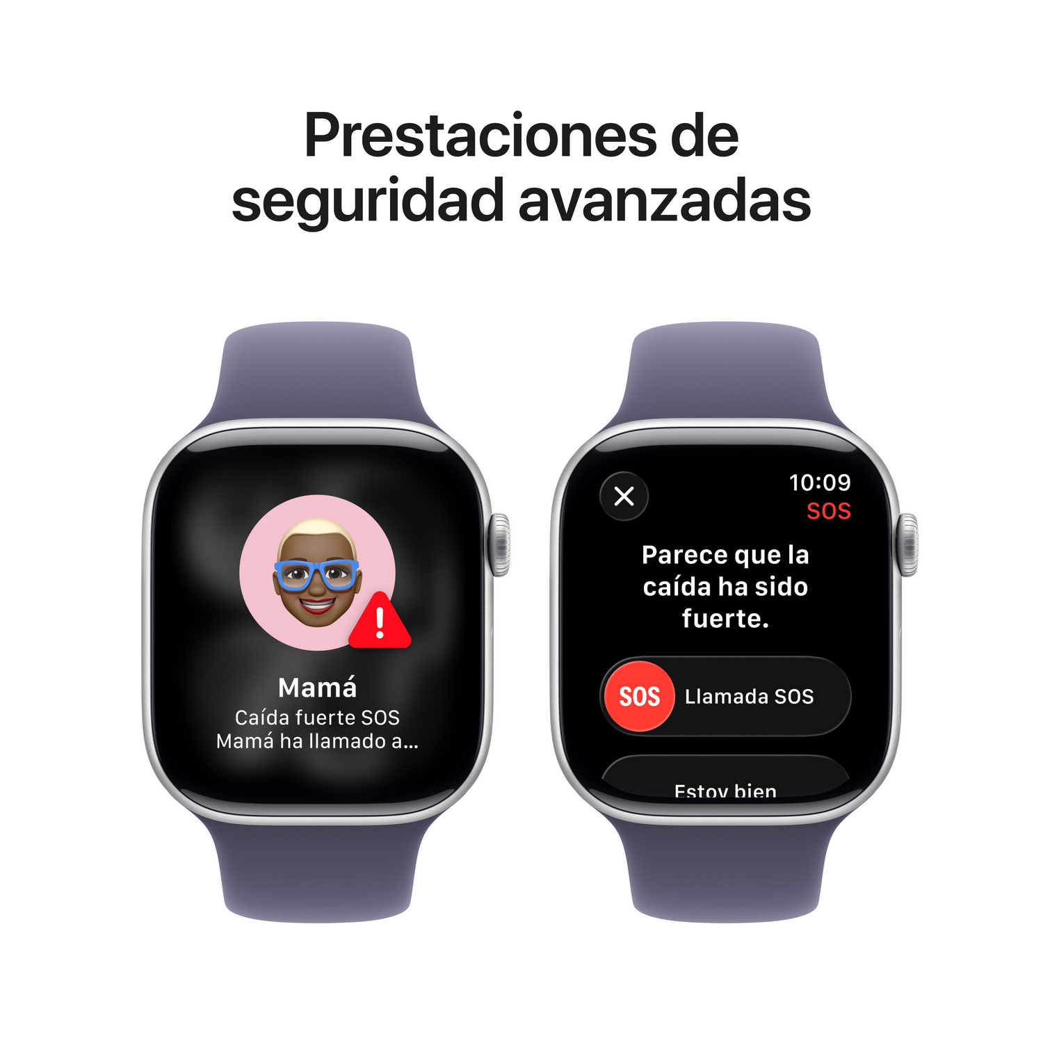 Dos relojes inteligentes muestran alertas de emergencia. Uno muestra un mensaje de detección de caídas y un botón de llamada SOS, el otro muestra un contacto con una alerta.