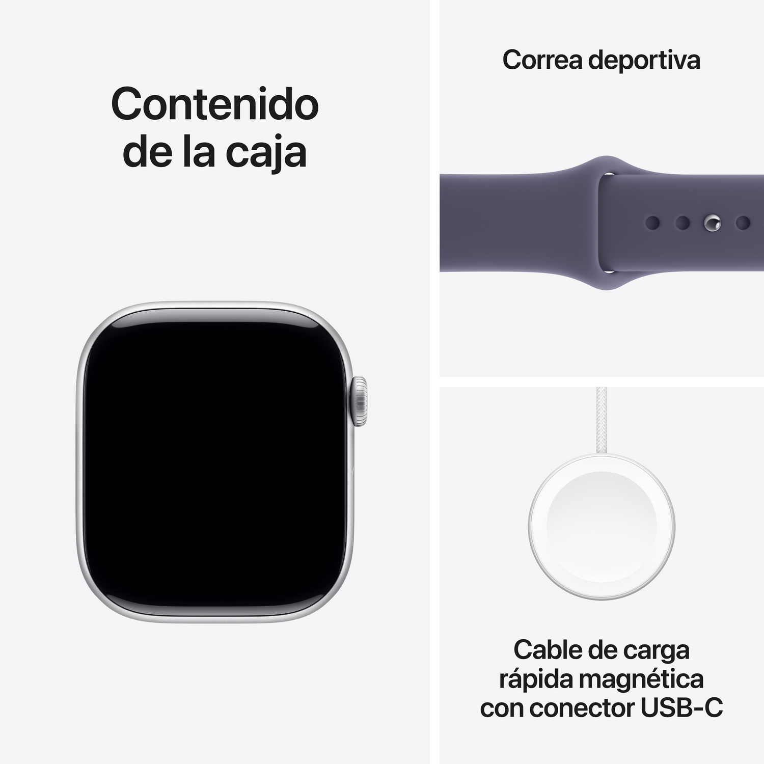 Un Apple Watch con pantalla negra, correa morada y cable de carga magnético blanco se muestra.