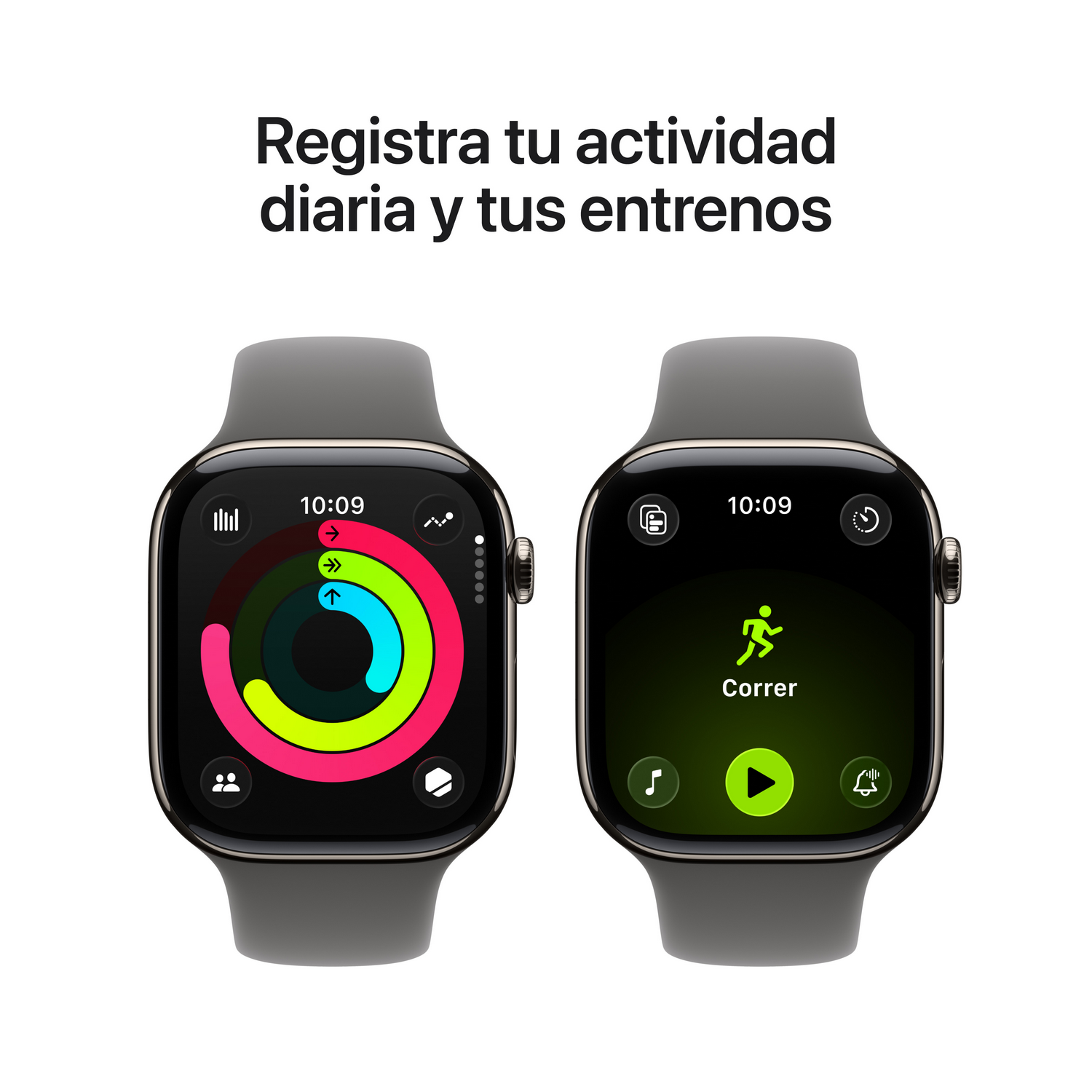 Dos Apple Watches con pantallas diferentes. Uno muestra anillos de actividad, el otro una app de correr. Texto: 'Registra tu actividad diaria'.