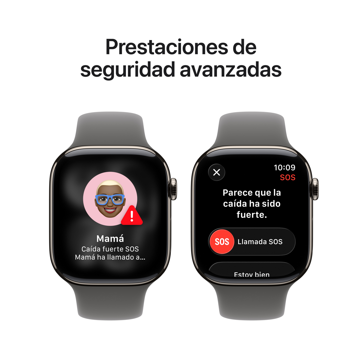 Dos Apple Watch mostrando mensajes SOS de emergencia. Uno muestra una alerta de caída con un contacto. El otro solicita una llamada SOS o 'Estoy bien'.