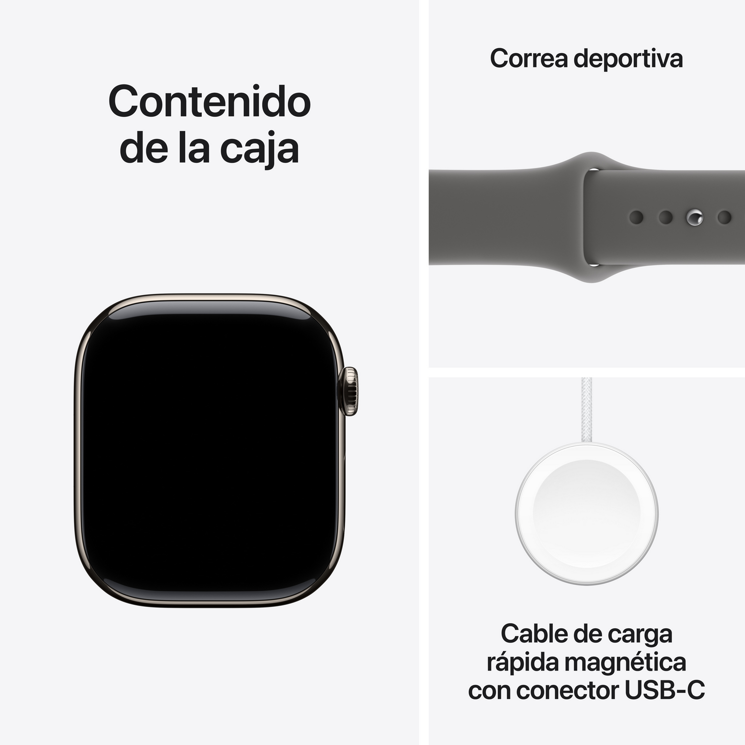 Un Apple Watch y sus accesorios, incluyendo una correa deportiva gris, un cable de carga magnético y el reloj mismo.