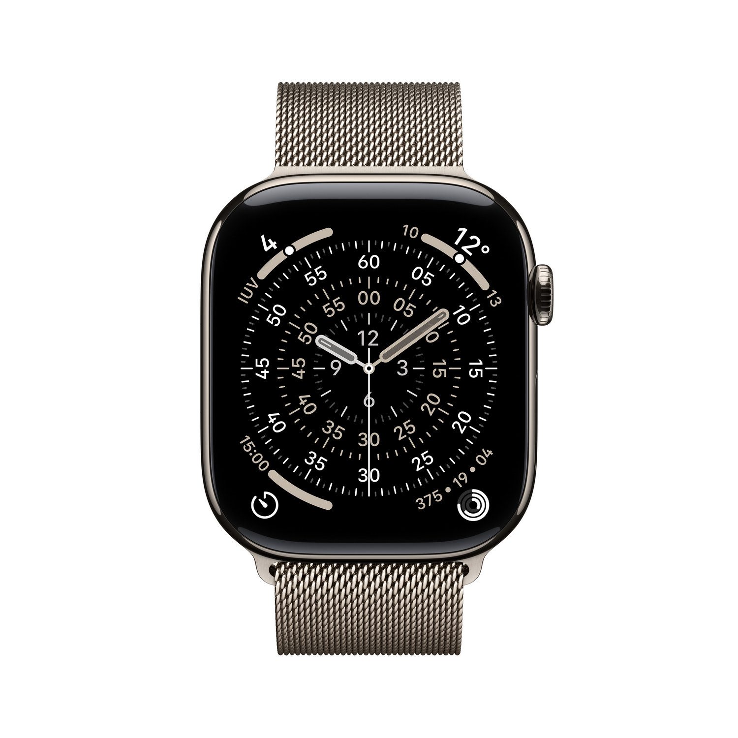 Primer plano de un reloj inteligente con pantalla negra, mostrando la hora y otros datos. Tiene una correa y una caja metálicas, sobre un fondo blanco.