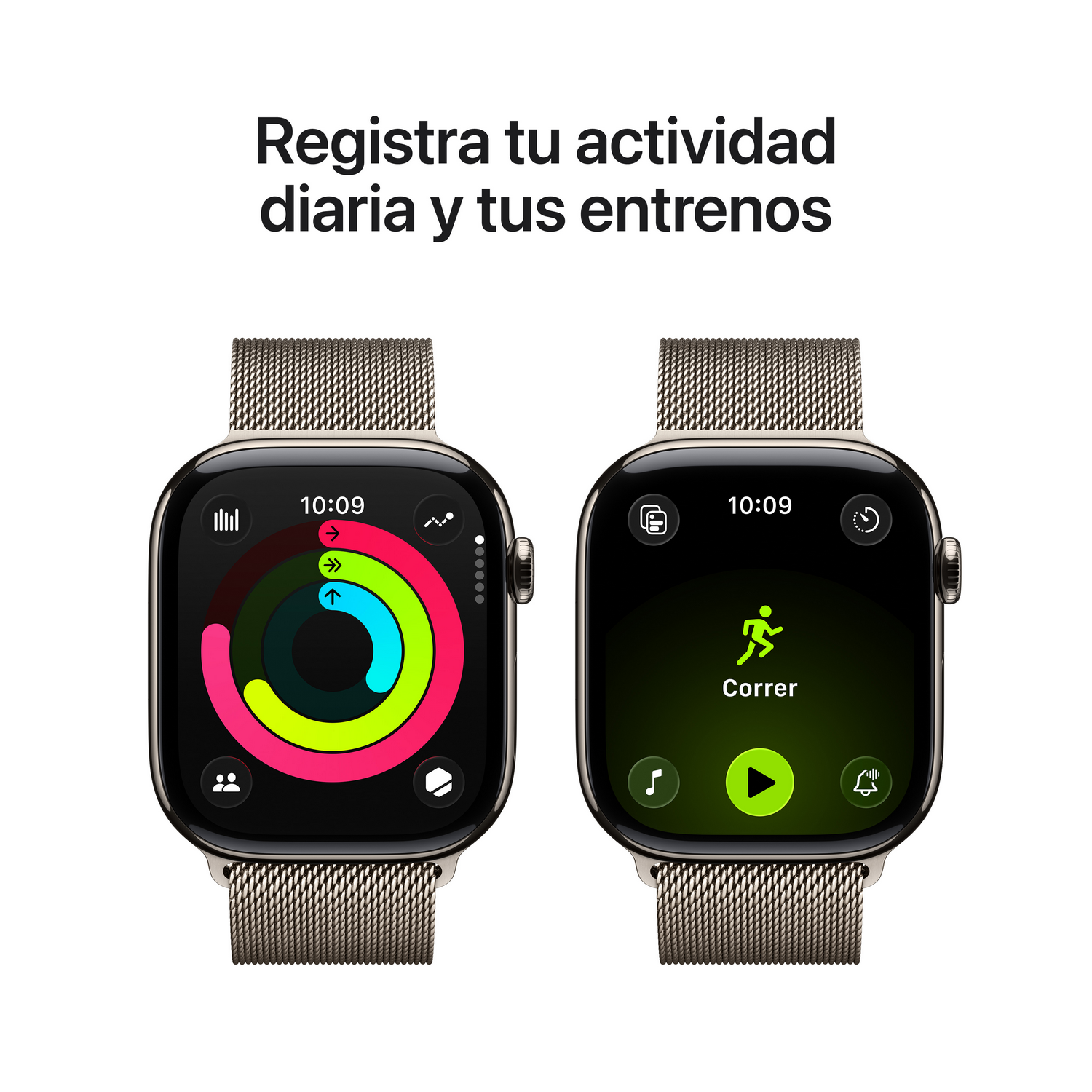 Dos Apple Watches muestran anillos de actividad y la aplicación de correr. El texto superior dice 'Registra tu actividad diaria y tus entrenamientos'.