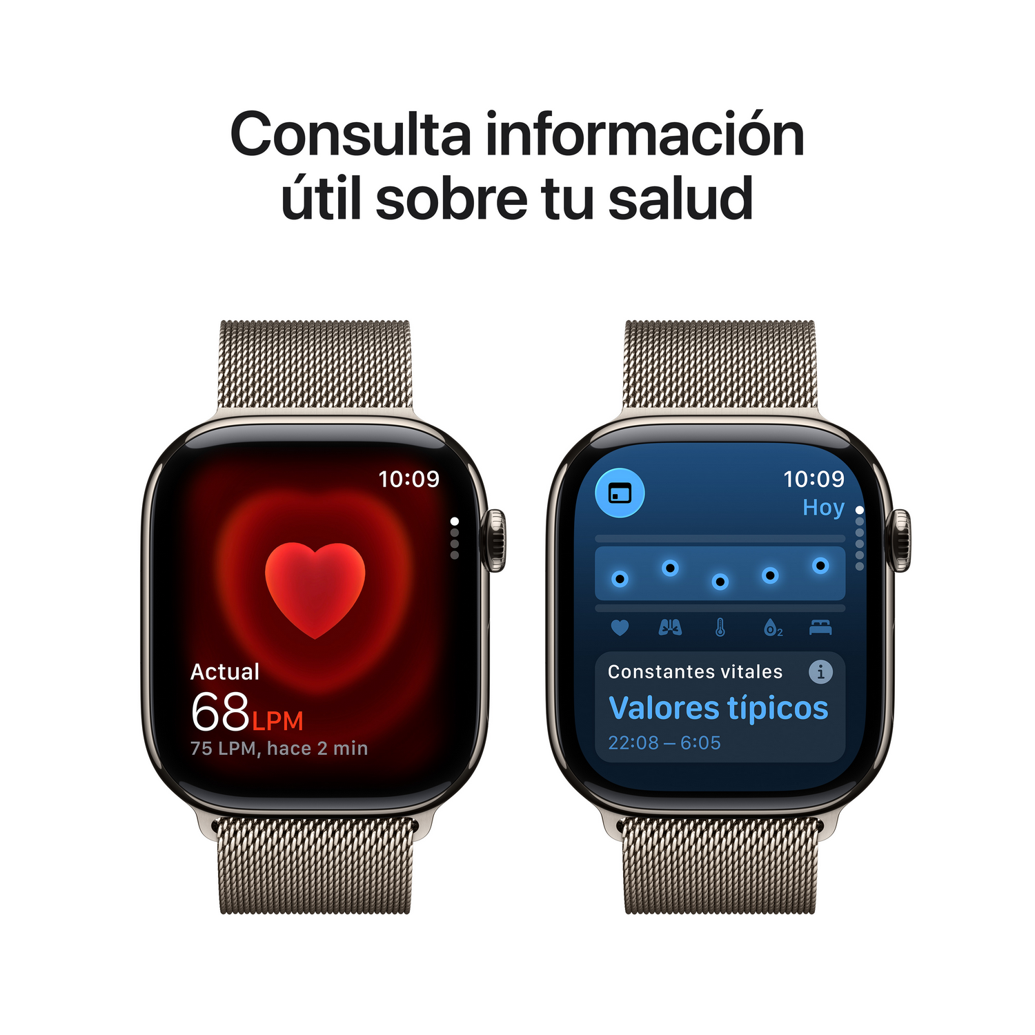 Dos smartwatches mostrando datos de salud. Uno muestra la frecuencia cardíaca: 68 LPM. El otro signos vitales. Texto arriba: Consulta información útil.