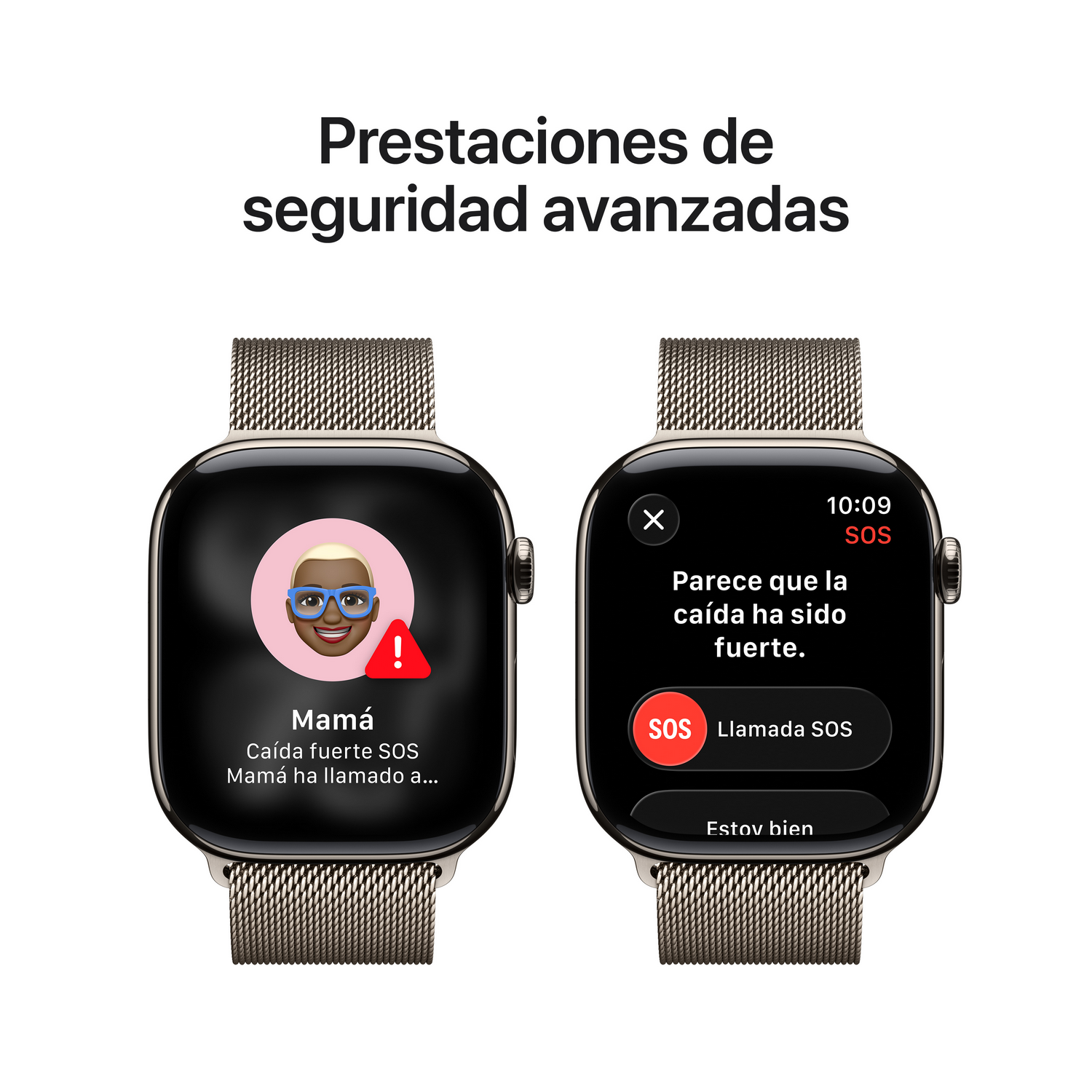 Dos smartwatches muestran alertas de emergencia. Uno muestra un contacto con un signo de exclamación. El otro muestra un mensaje de detección de caídas.
