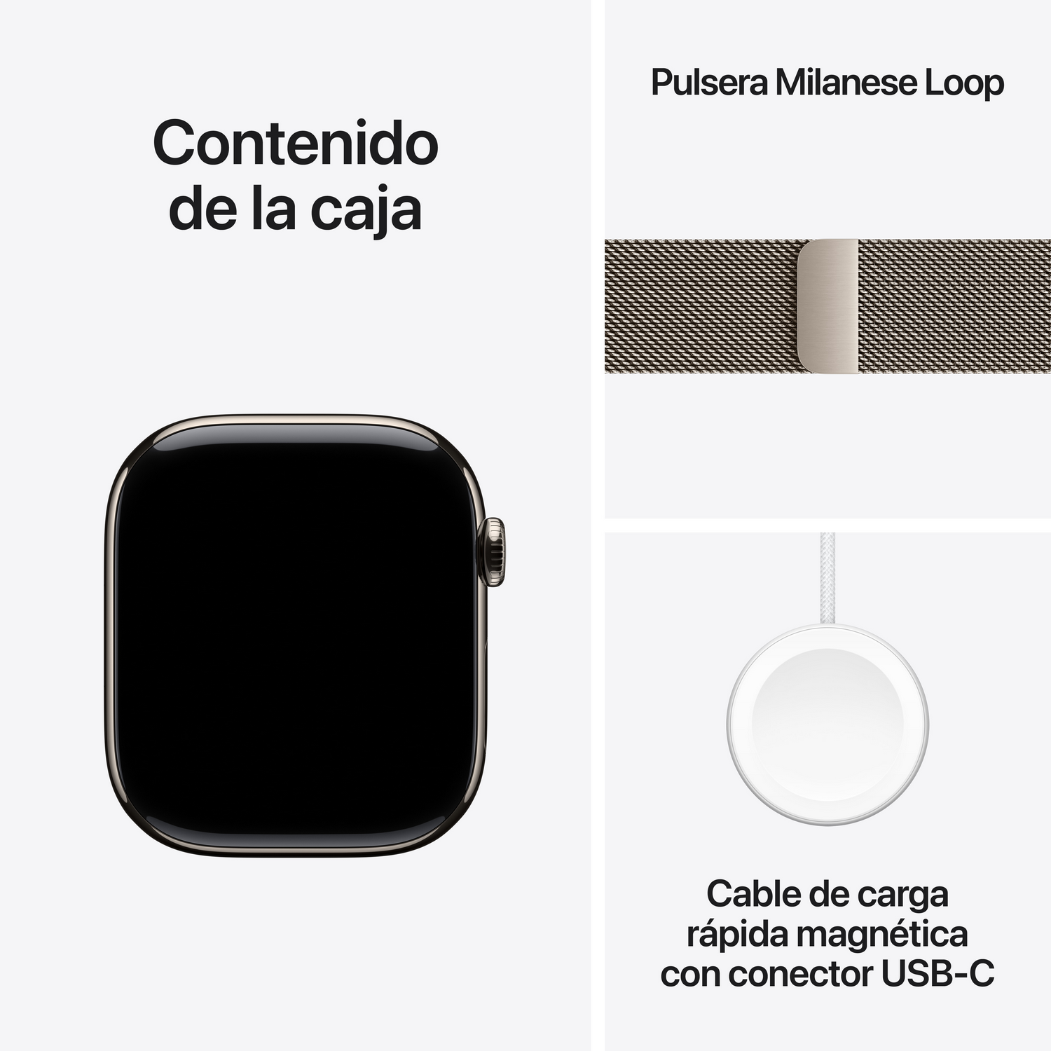 Imagen muestra Apple Watch, correa Milanese Loop y cable de carga magnético. Texto: 'Contenido de la caja' y 'Cable de carga rápida'.