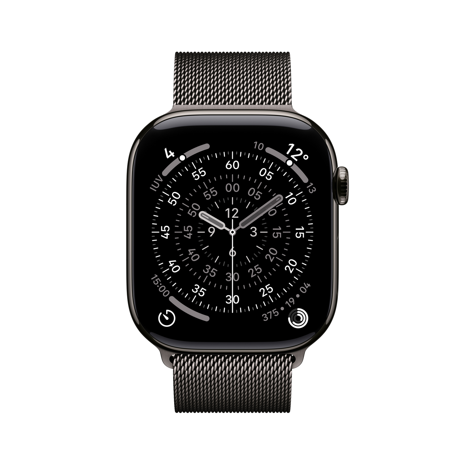 Un Apple Watch negro con una correa de malla metálica. La esfera muestra la hora con números y manecillas blancas sobre un fondo negro.