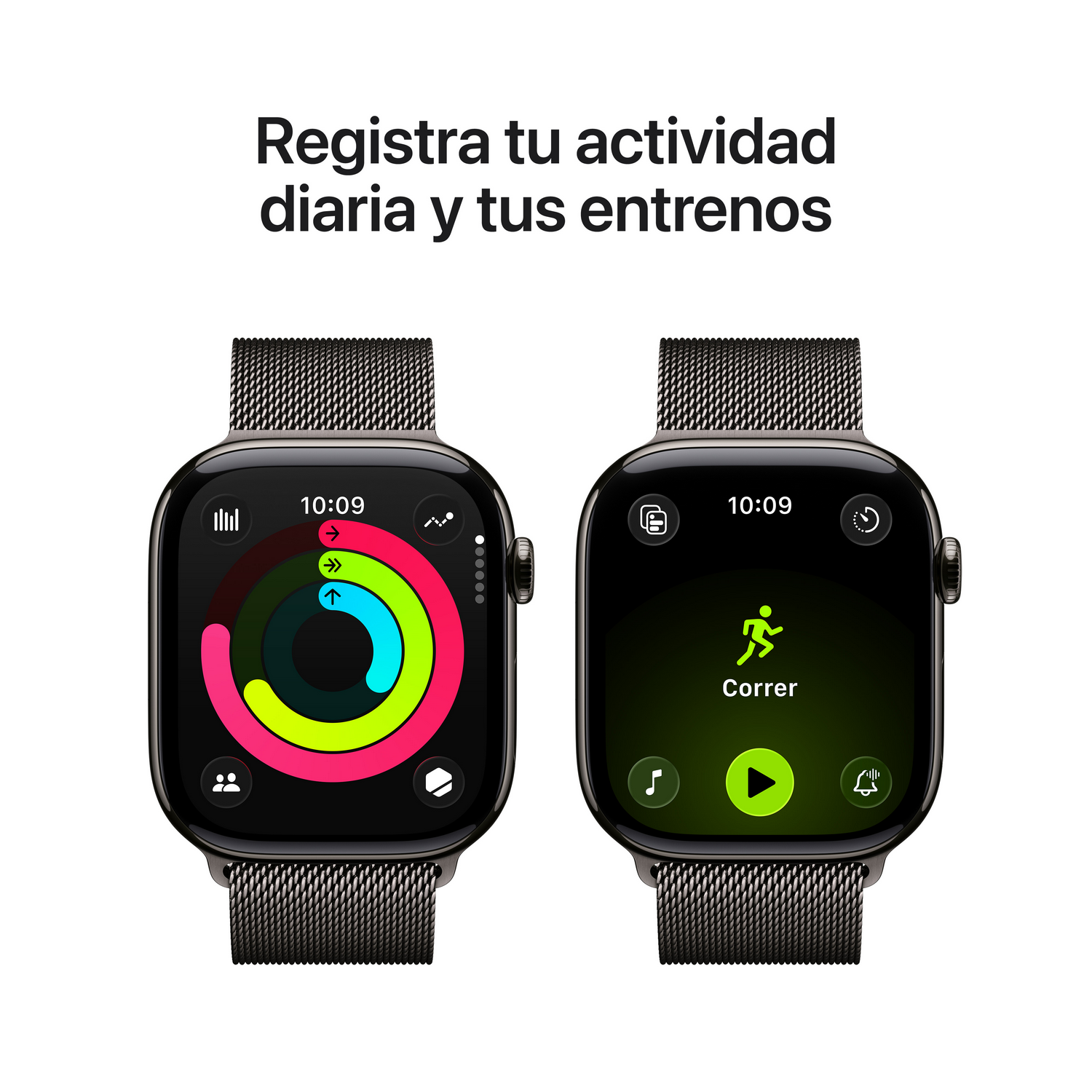 Dos Apple Watch muestran seguimiento de actividad. Uno muestra anillos coloridos, el otro un icono de correr. El texto dice 'Registra tu actividad diaria'.