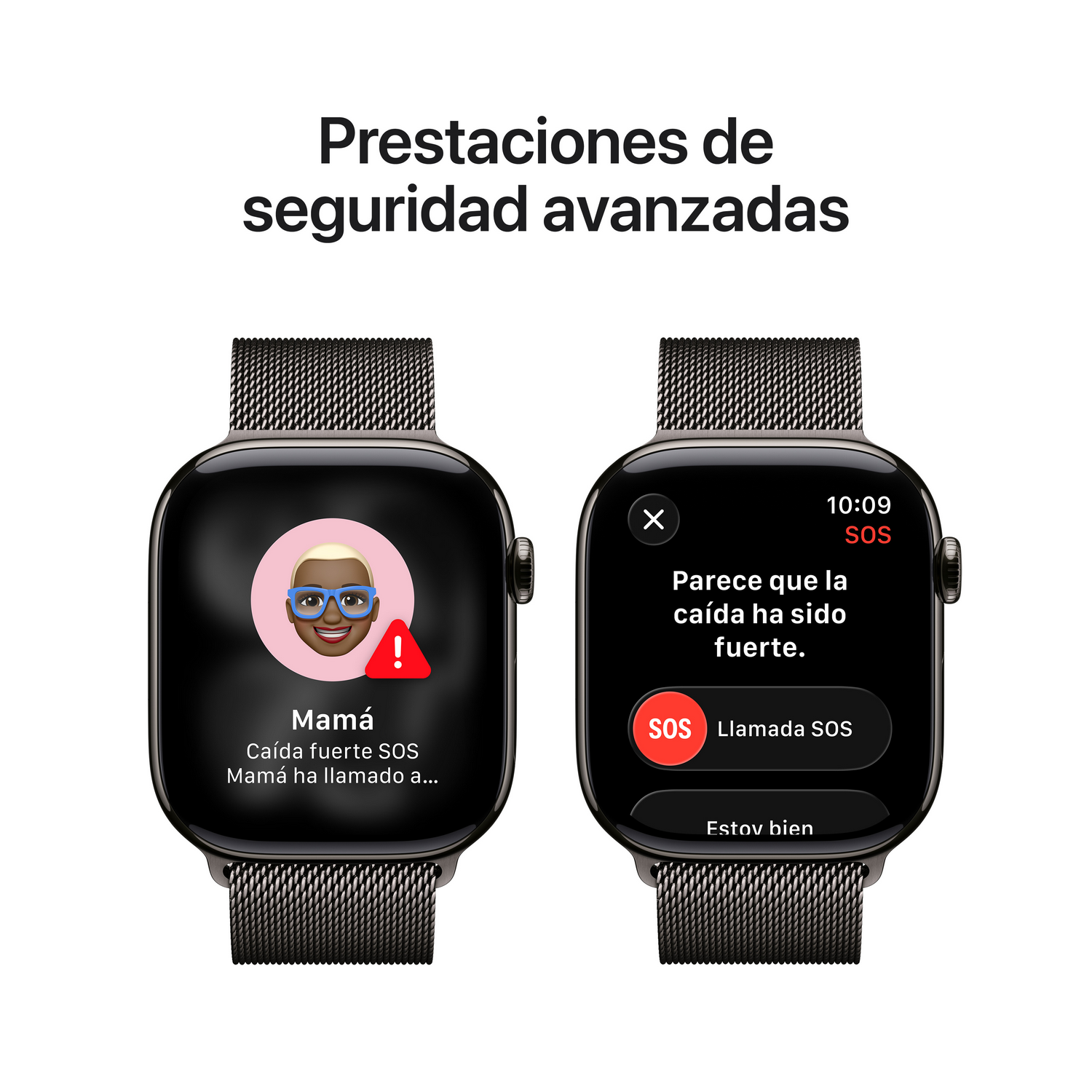 Dos smartwatches mostrando alertas de emergencia. Uno muestra una alerta de caída con un contacto. El otro muestra opciones SOS.