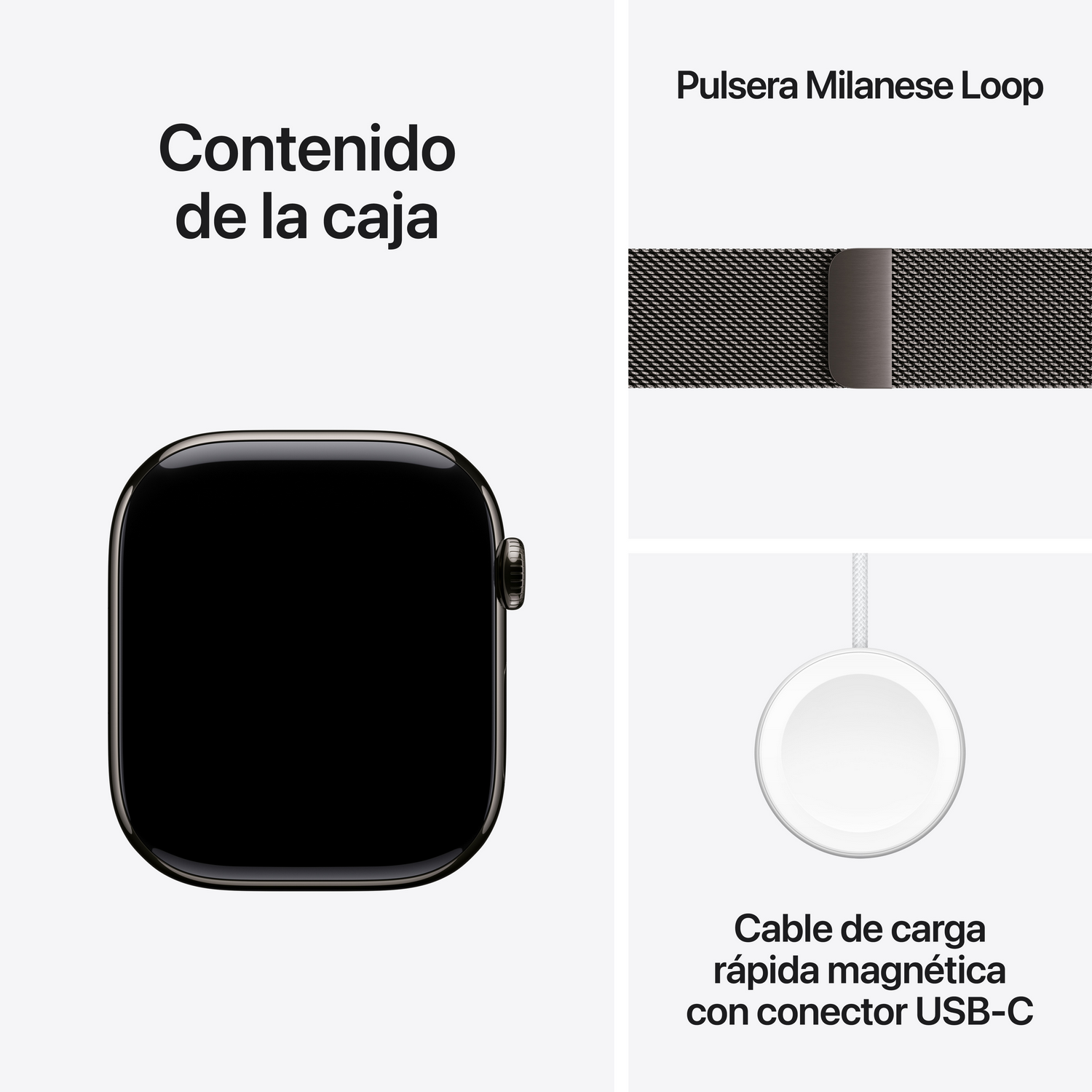 Apple Watch negra, correa Milanese Loop y cable de carga magnético con conector USB-C, todo sobre fondo blanco.