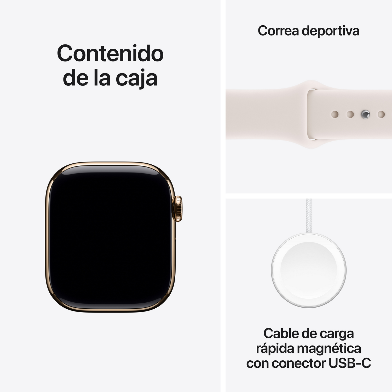 La imagen muestra el contenido de una caja: Apple Watch, correa deportiva beige y un cable de carga magnético con conector USB-C.