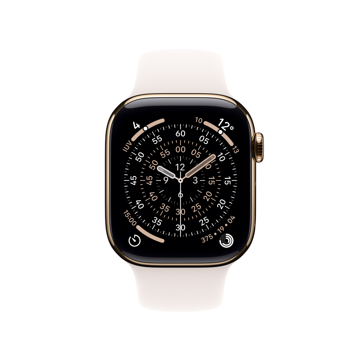 Un Apple Watch con pantalla negra y correa blanca. La esfera muestra la hora y otros datos, con bordes dorados.