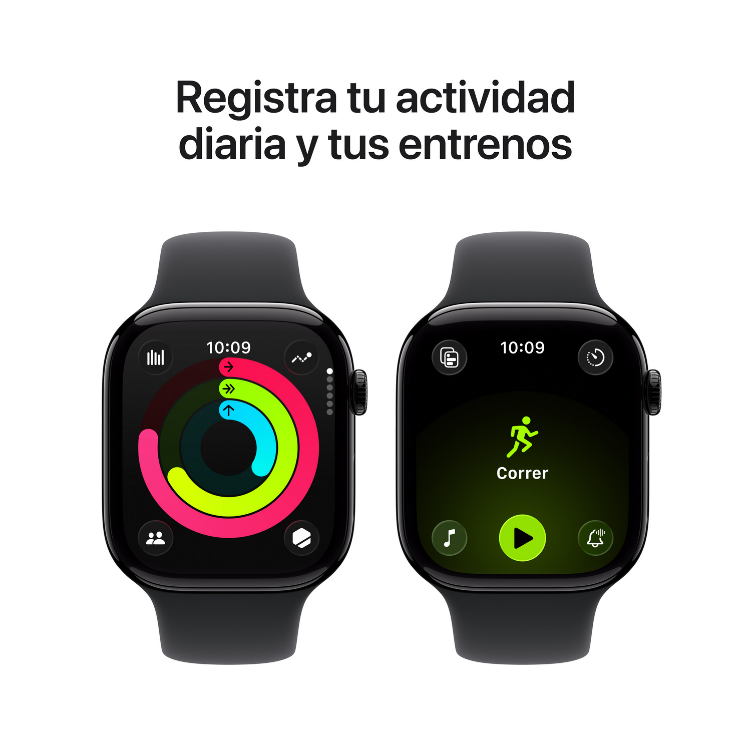 Dos smartwatches negros muestran seguimiento de actividad. Uno muestra anillos coloridos, el otro un icono de correr y 'Correr'.