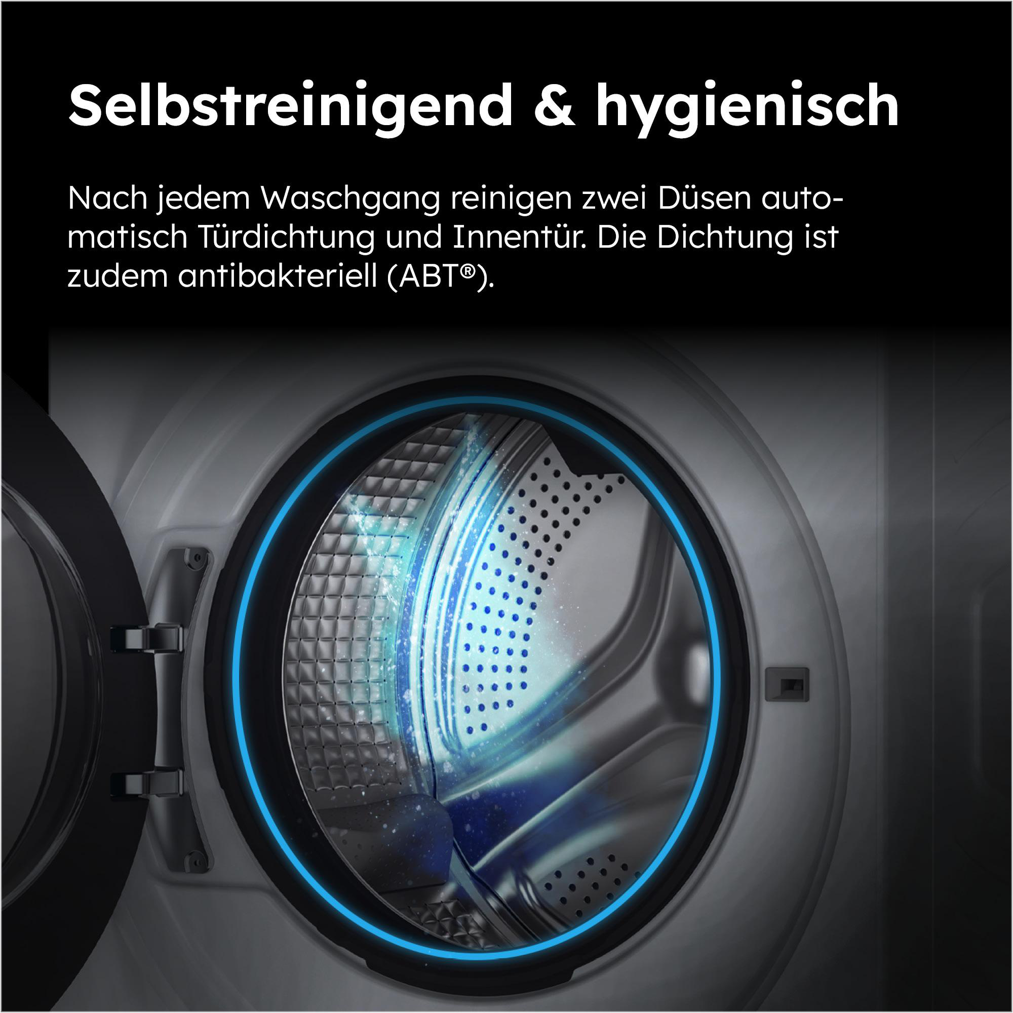 Waschmaschineninneres mit blauen Akzenten. Text auf Deutsch erwähnt selbstreinigende und hygienische Funktionen.