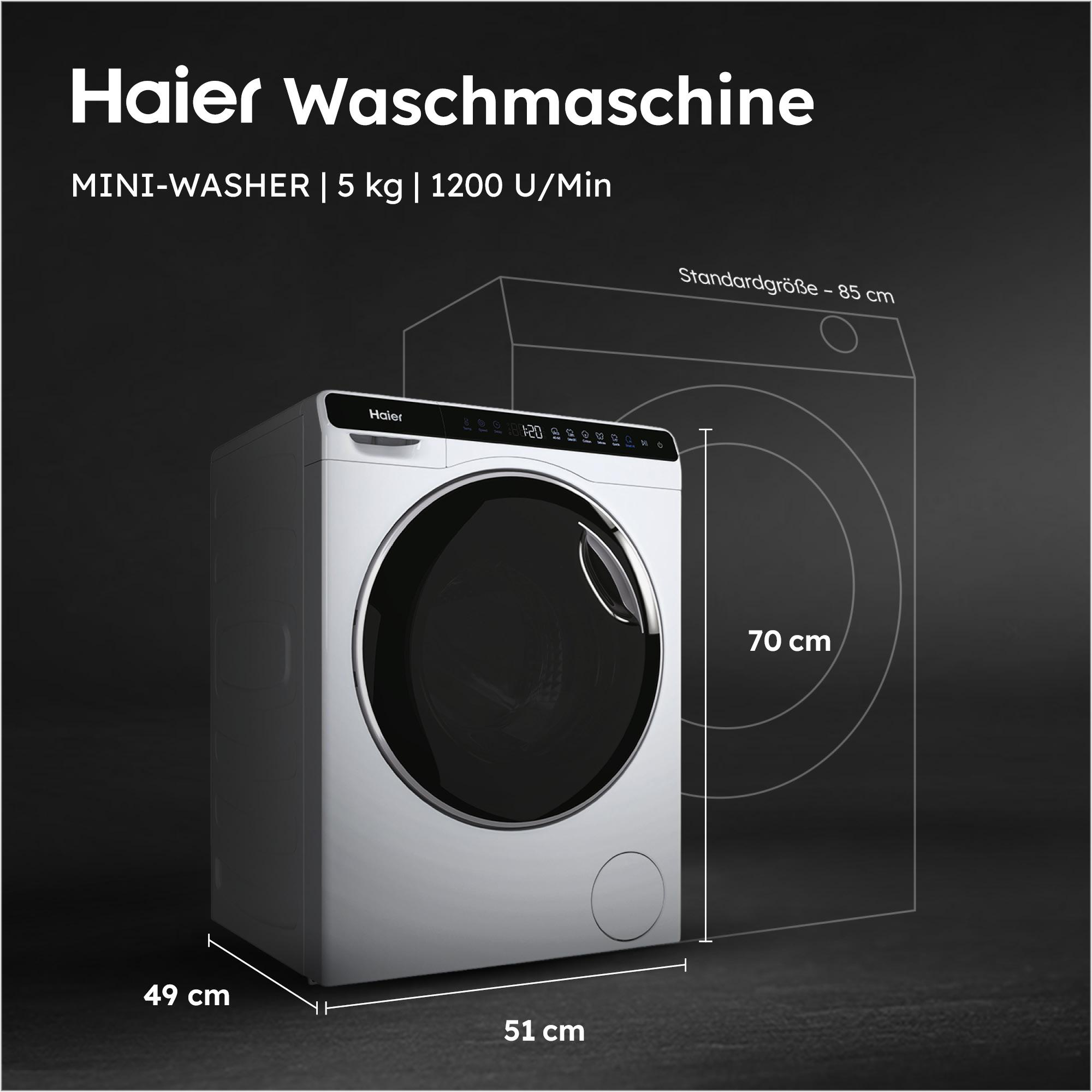 Eine Haier Waschmaschine auf schwarzem Hintergrund. Abmessungen sind angegeben. Text oben: Haier Waschmaschine, Mini-Washer.