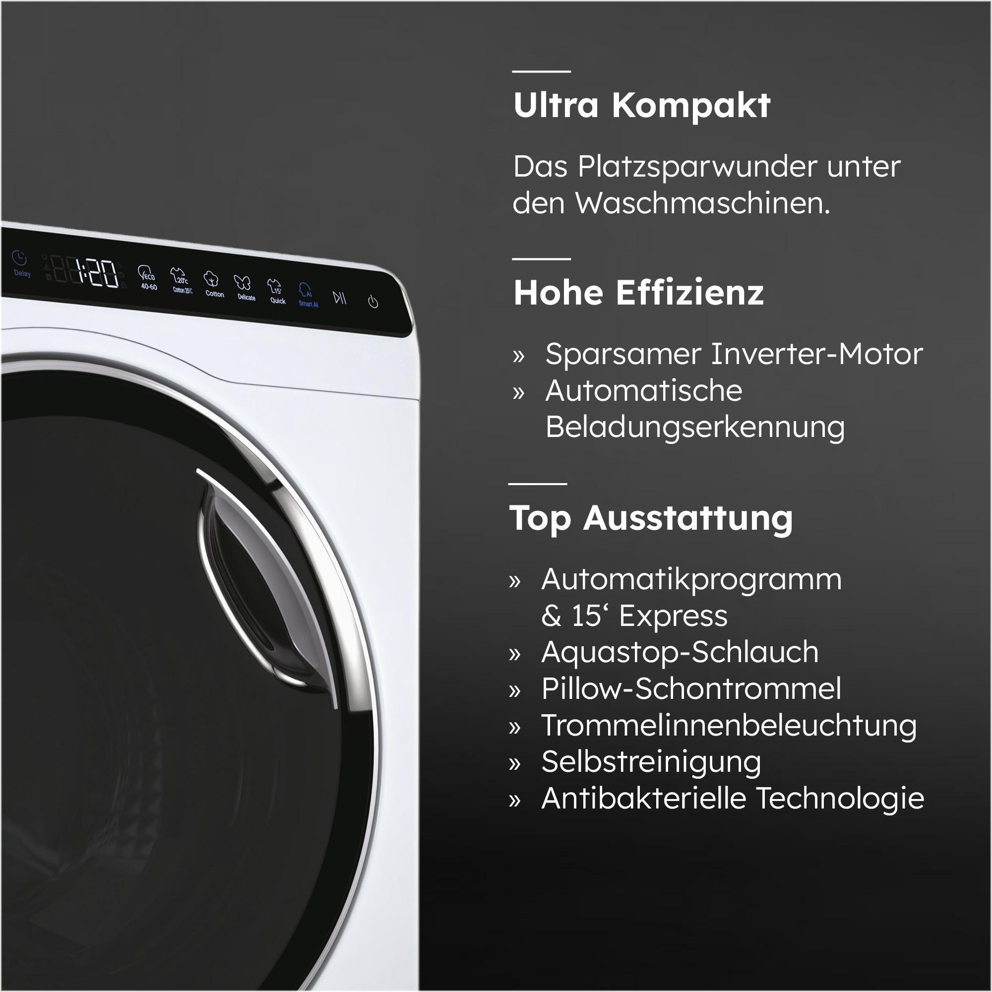 Eine weiße Waschmaschine mit Digitalanzeige 1:20. Die Maschine hat Funktionstasten und Text über Funktionen.