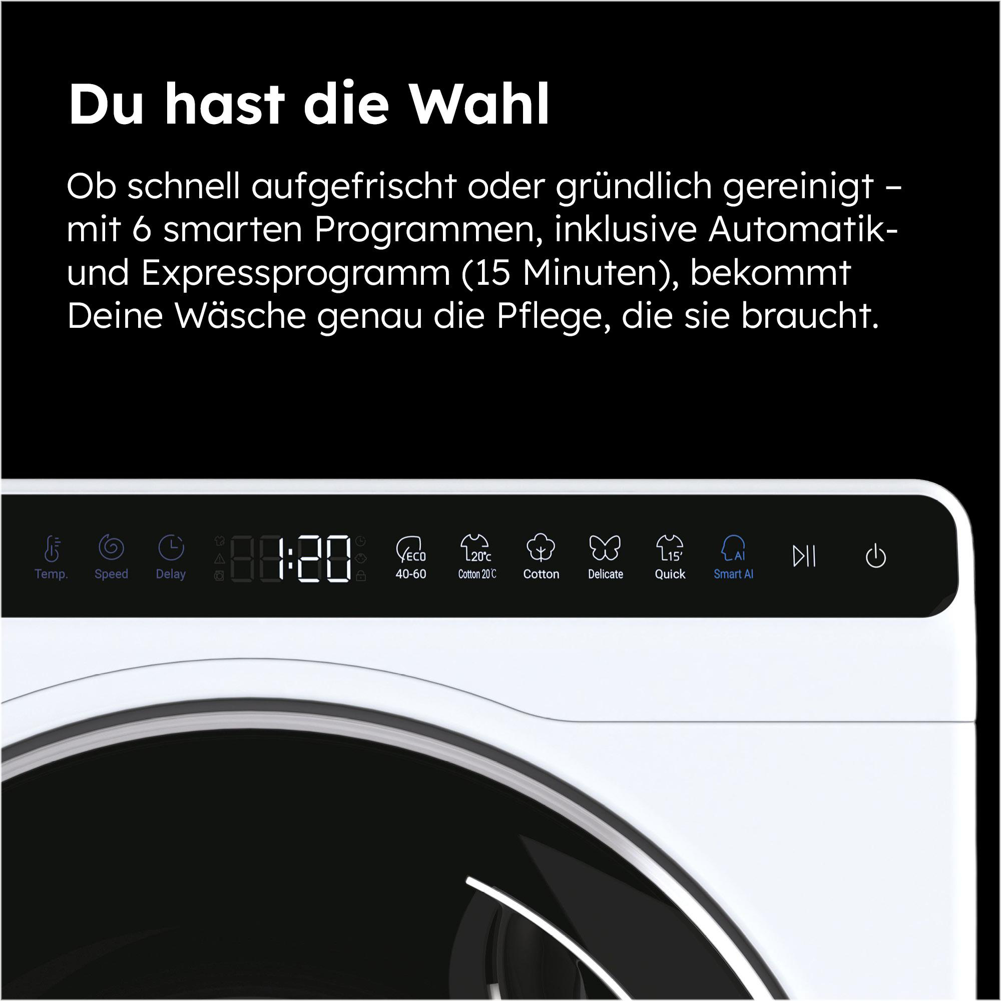 Waschmaschinen-Bedienfeld mit Digitalanzeige und Programmauswahl. Text oben. Weißes und schwarzes Design.