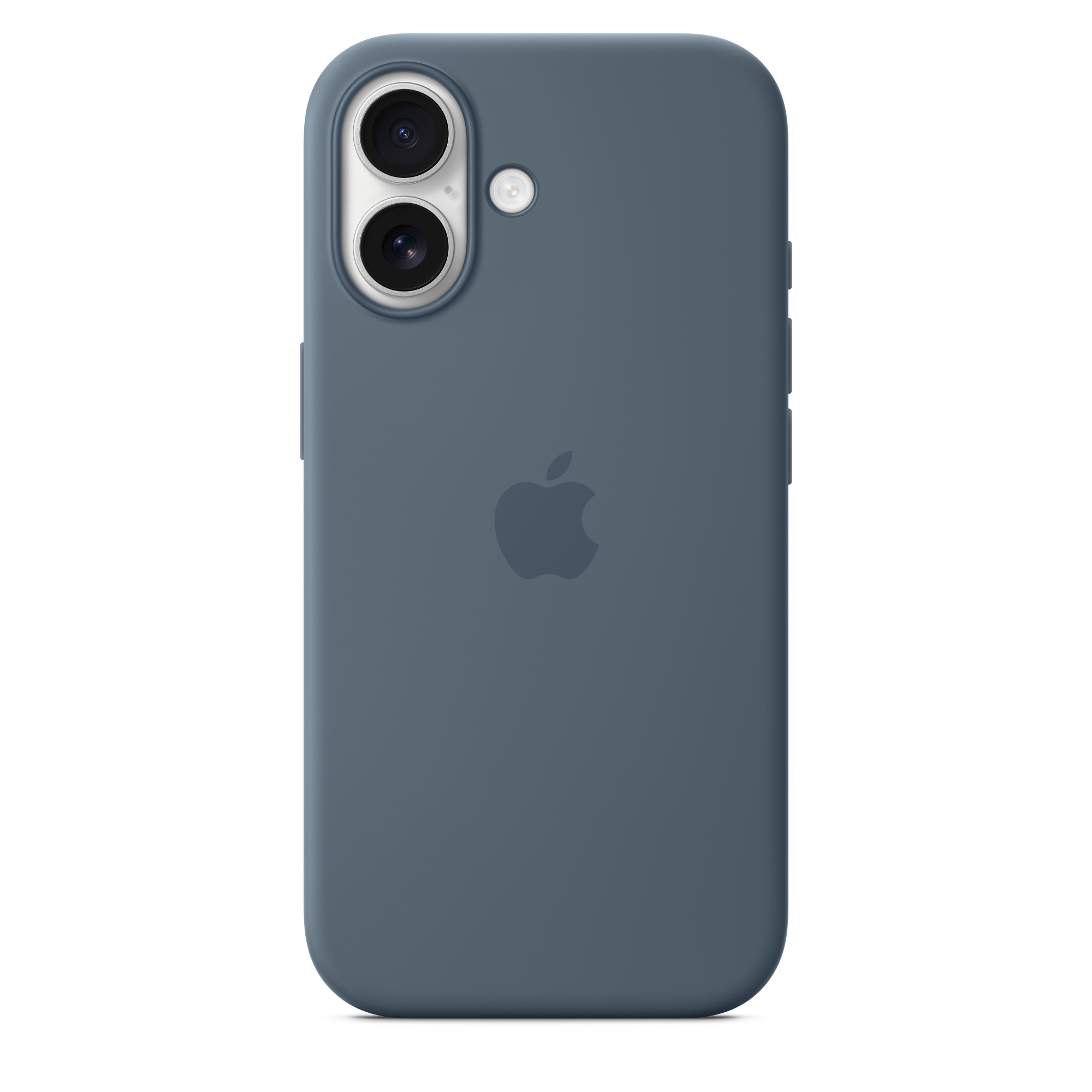 Kék telefontok Apple logóval. A tok kamerakivágással rendelkezik, két lencsével és egy vakuval.
