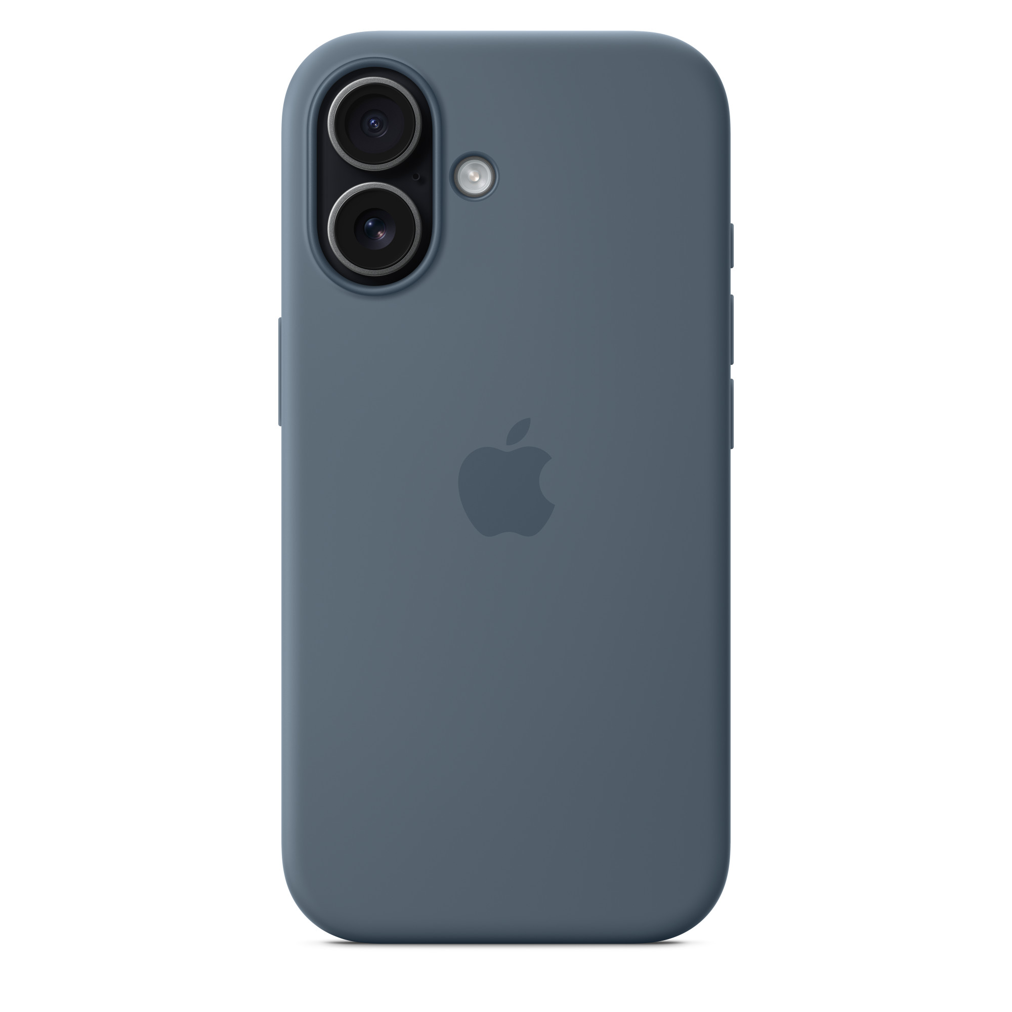 Egy kék telefontok két kamerával, vakuval és egy Apple logóval.