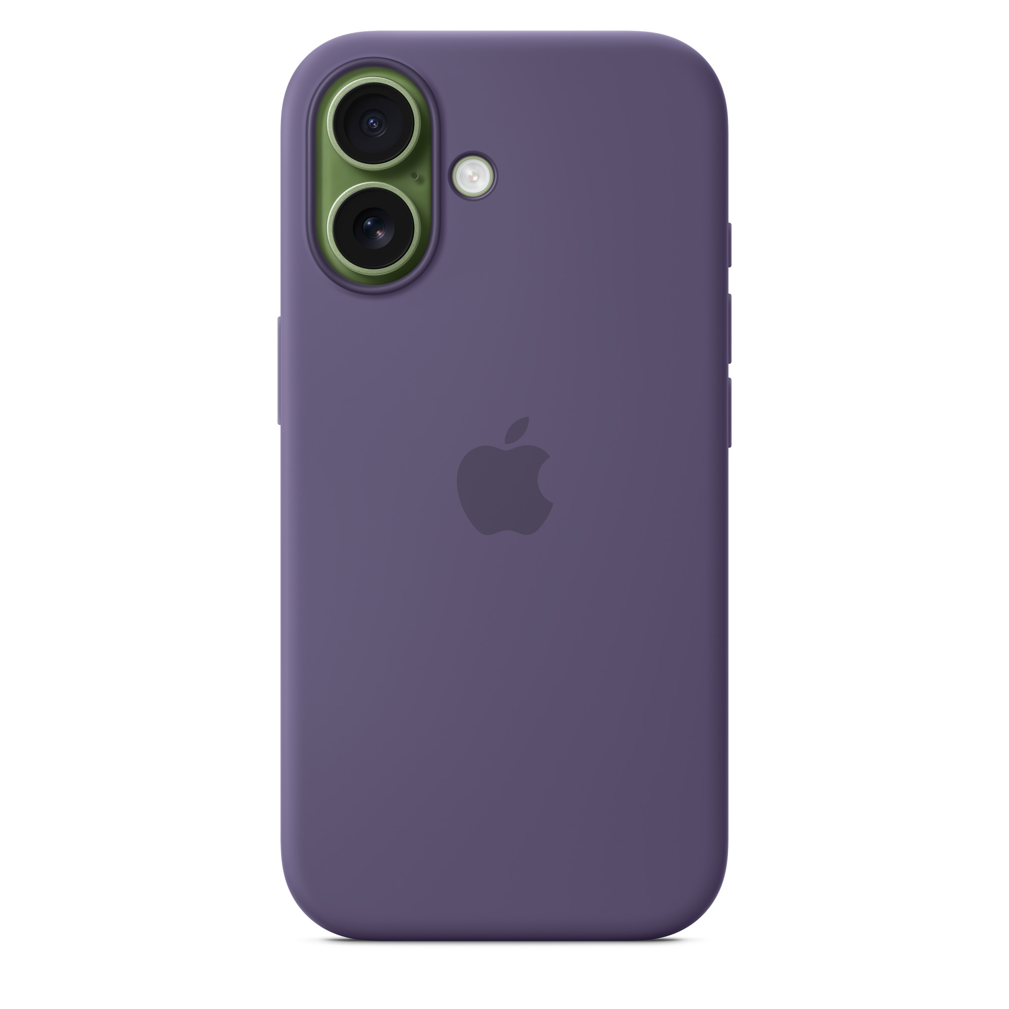 Lila telefontok Apple logóval. A kamera területe zöld. Fehér háttér.