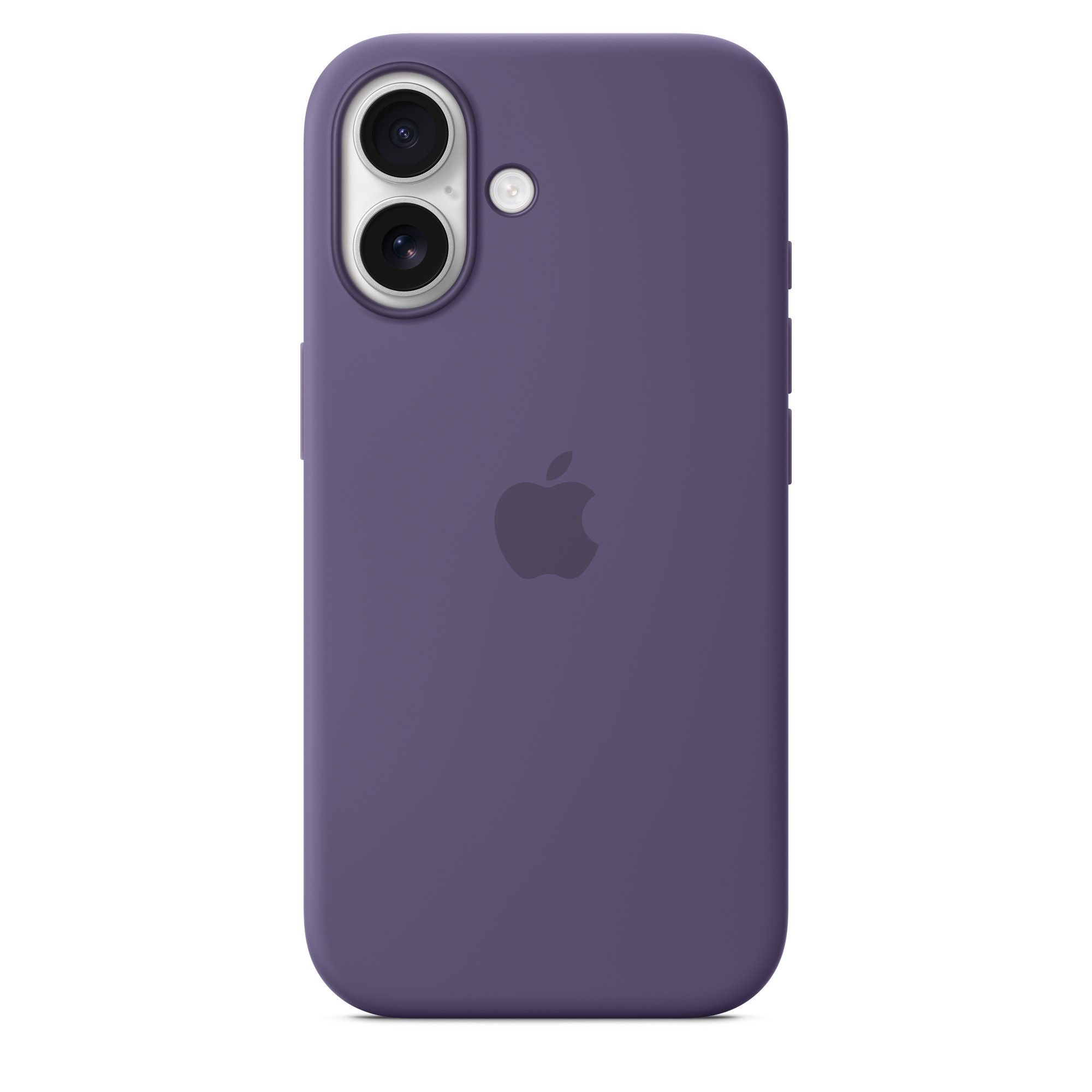 Egy lila telefontok Apple logóval. Dupla kamerája és villanója van. A háttér fehér.